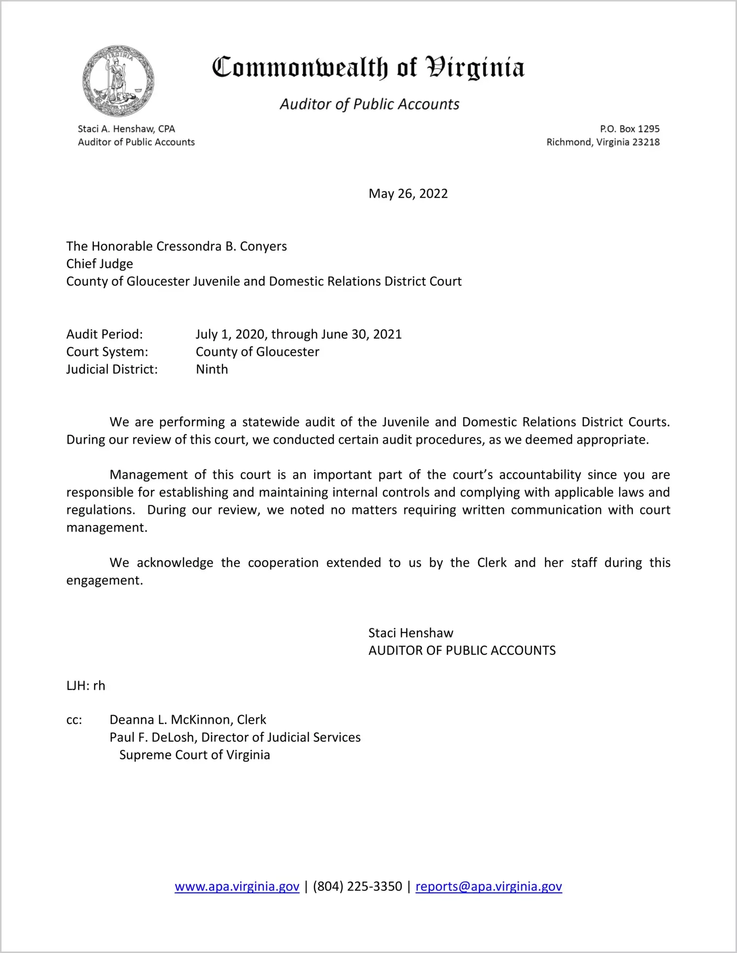 Juvenile and Domestic Relations Court for the County of Gloucester for the period July 1, 2020 through June 30, 2021