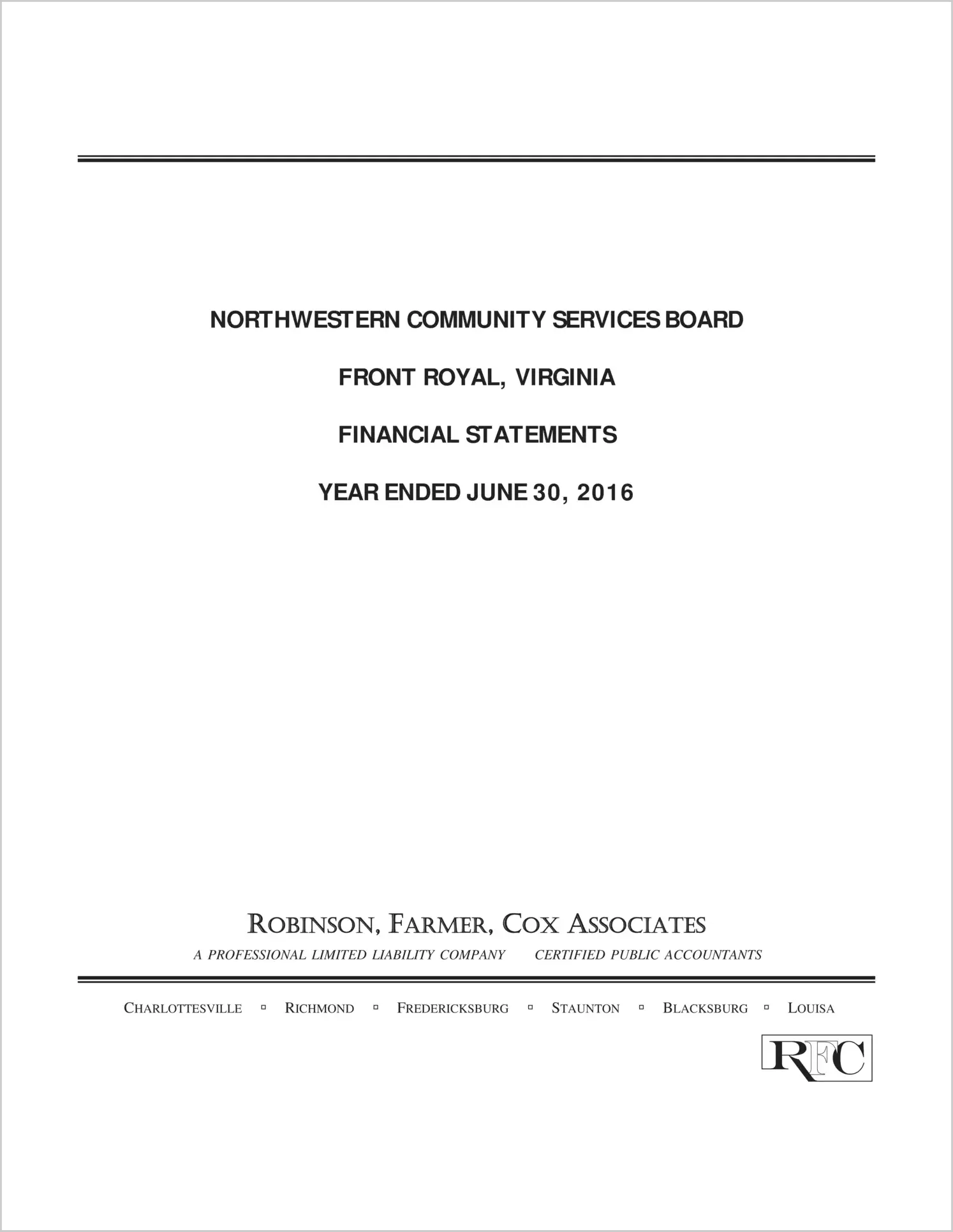 2016 ABC/Other Annual Financial Report  for Northwestern Community Services Board