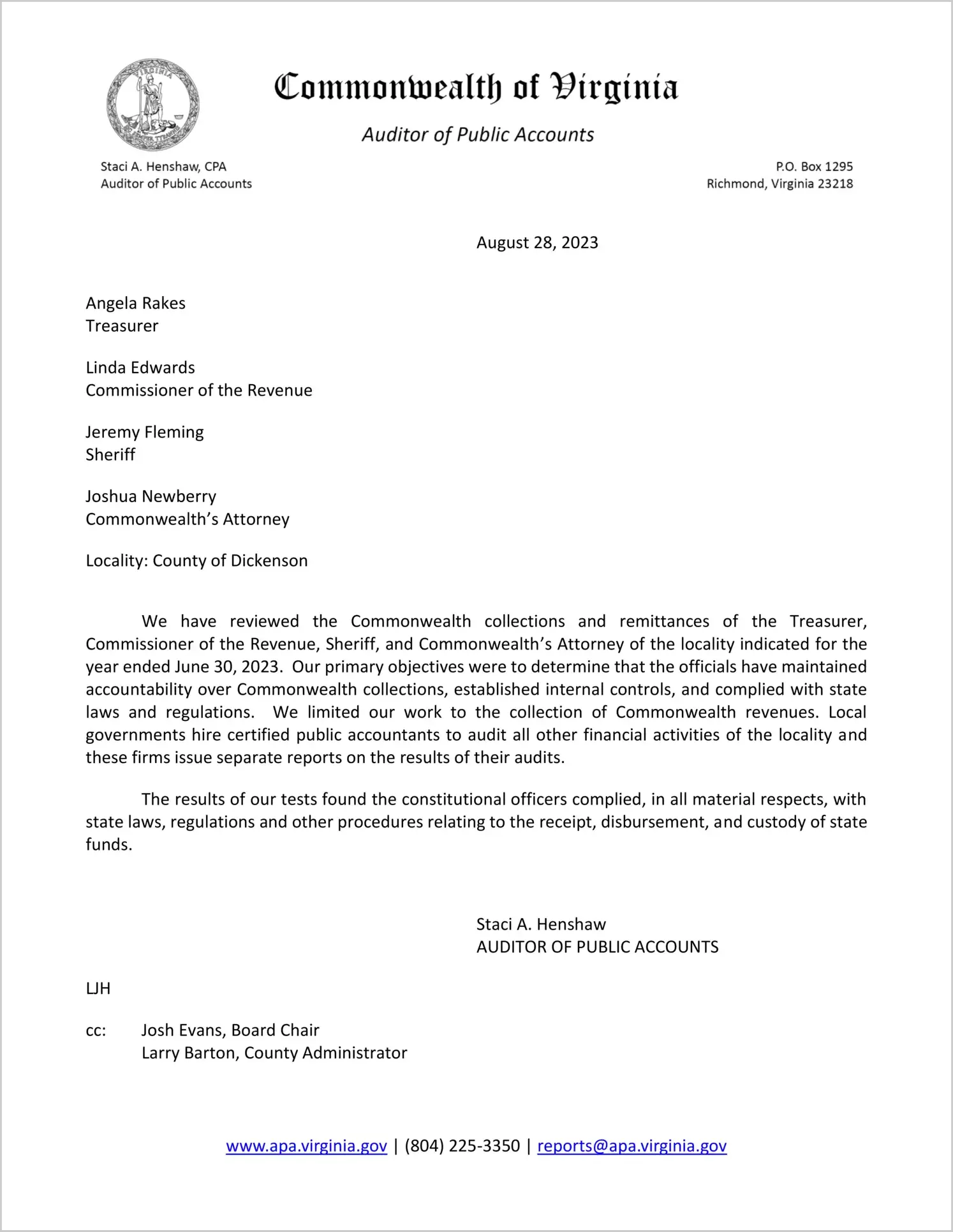 Commonwealth Collections and Remittances of the Treasurer, Commissioner of Revenue, Sheriff, and Commonwealth's Attorney for the County of Dickenson for the year ended June 30, 2023