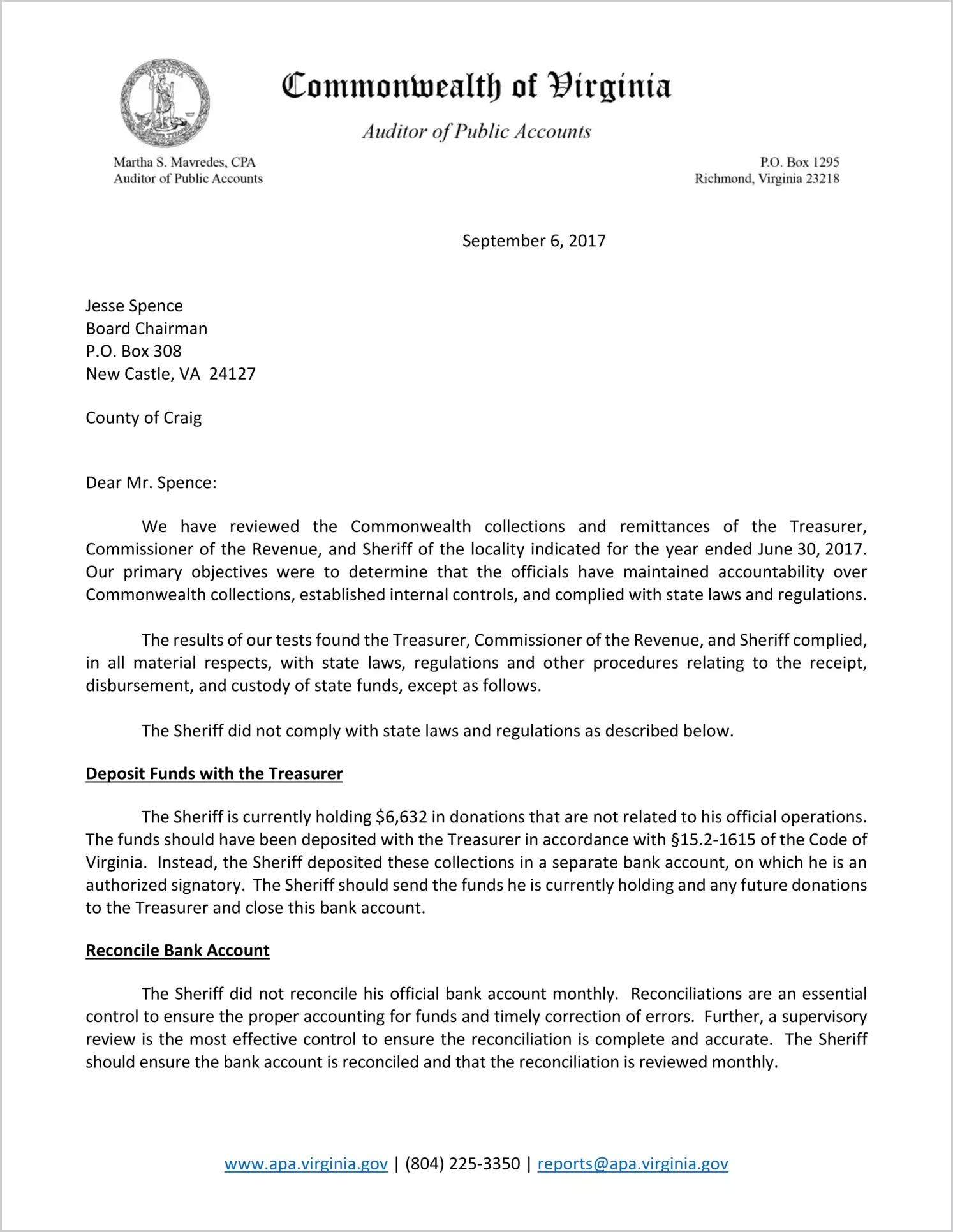 Commonwealth collections and remittances of the Treasurer, Commissioner of the Revenue, and Sheriff of the County of Craig for the year ended June 30, 2017