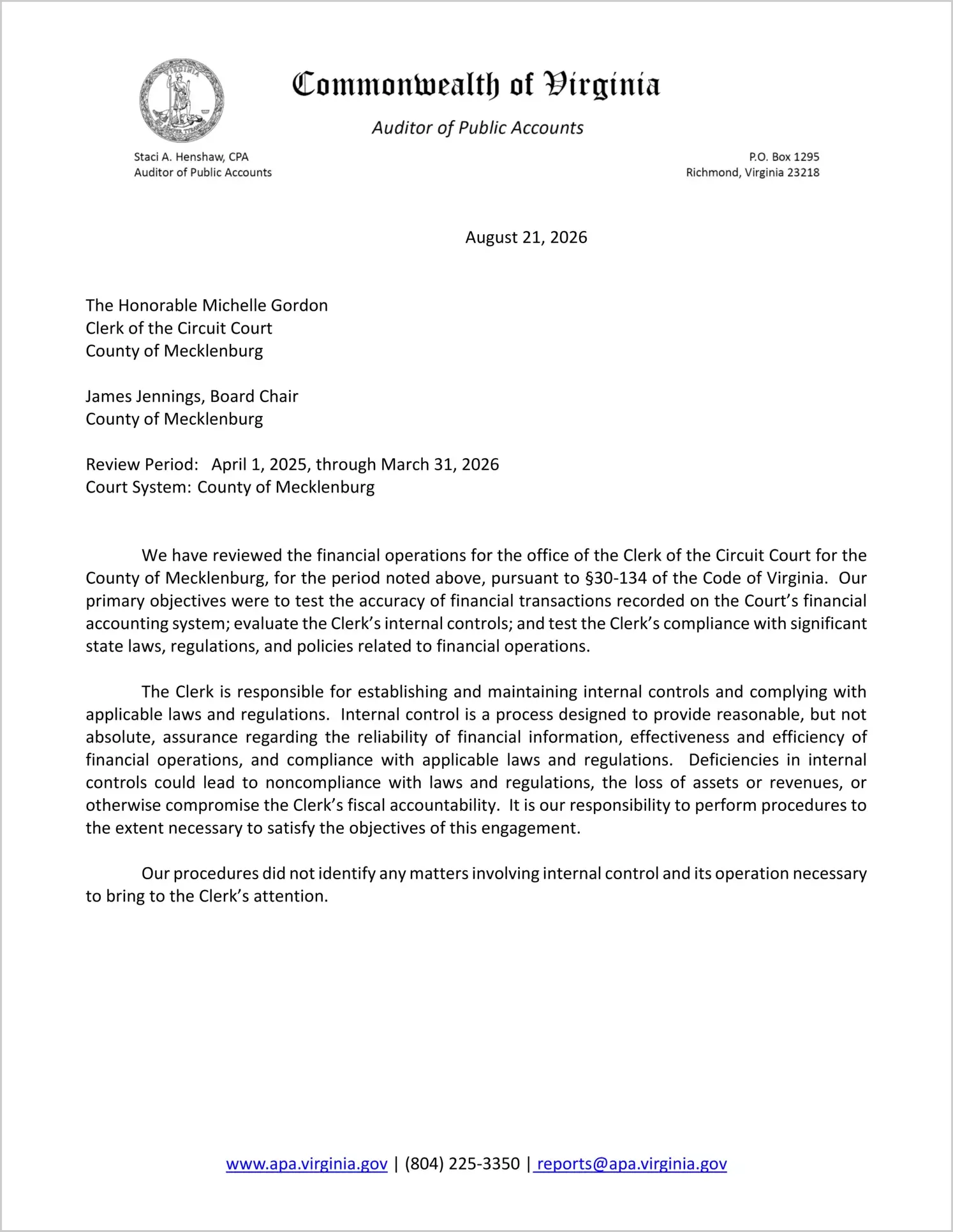 preview of Clerk of the Circuit Court for the County of Mecklenburg for the period April 1, 2025 through March 31, 2026