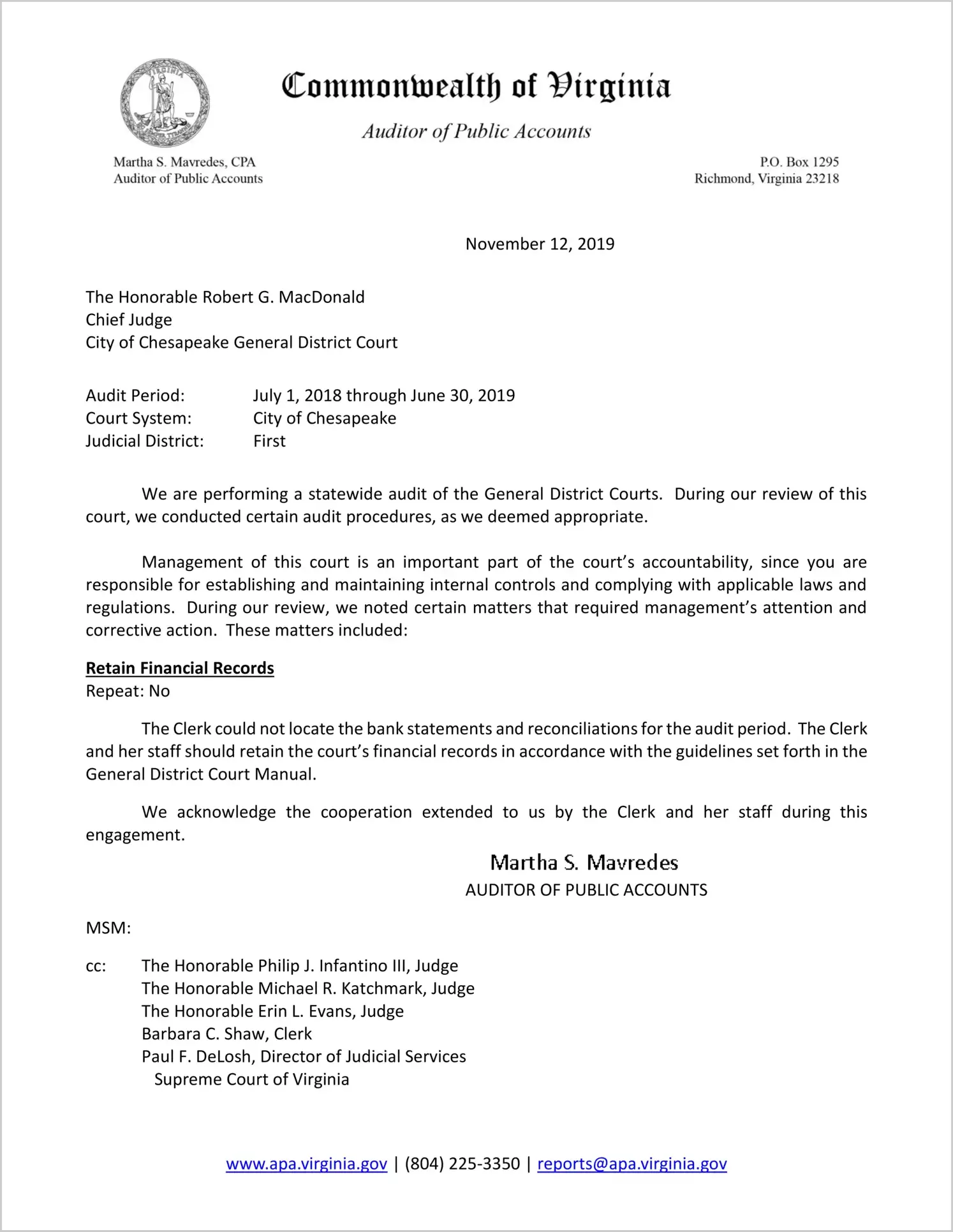 General District Court for the City of Chesapeake for the period July 1, 2018 through June 30, 2019