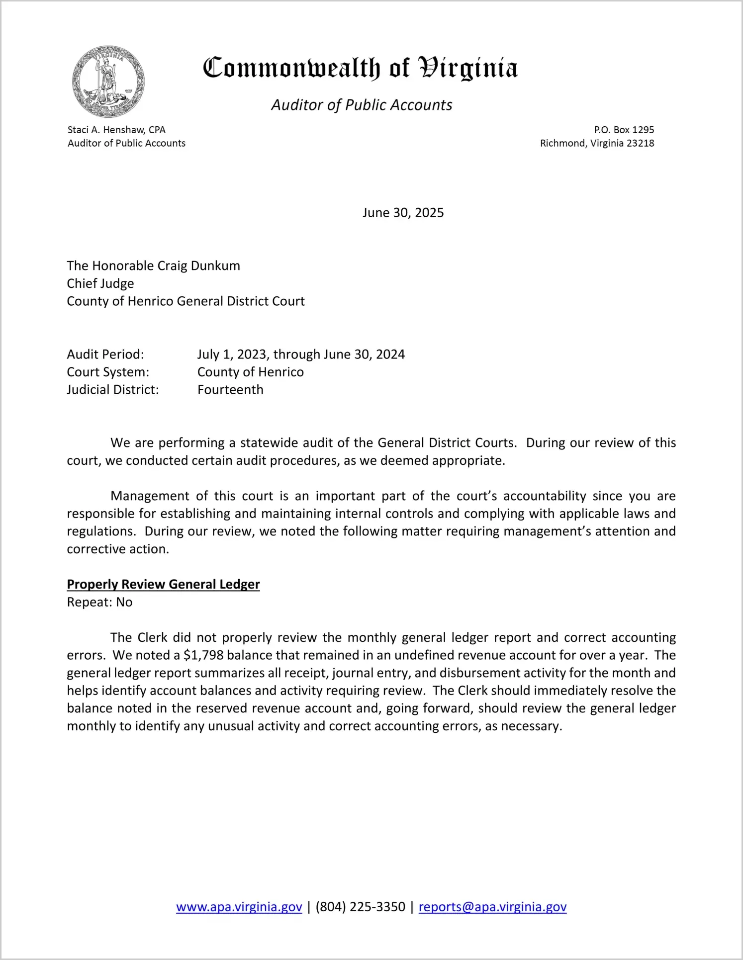 General District Court for the County of Henrico for the period July 1, 2023 through June 30, 2024