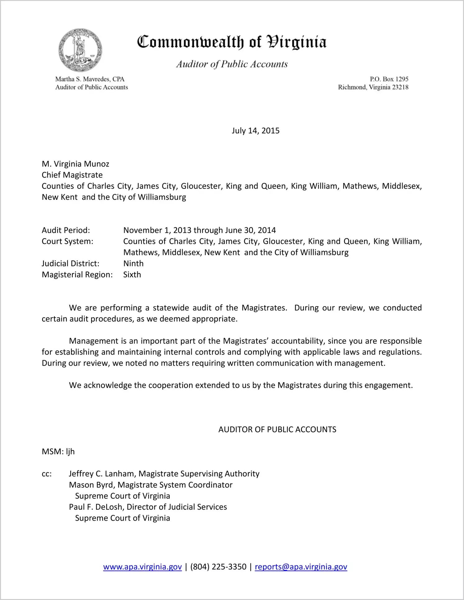 Magistrate of the General District Court for the County of Gloucester Report on Audit for the period November 1, 2013 through June 30, 2014
