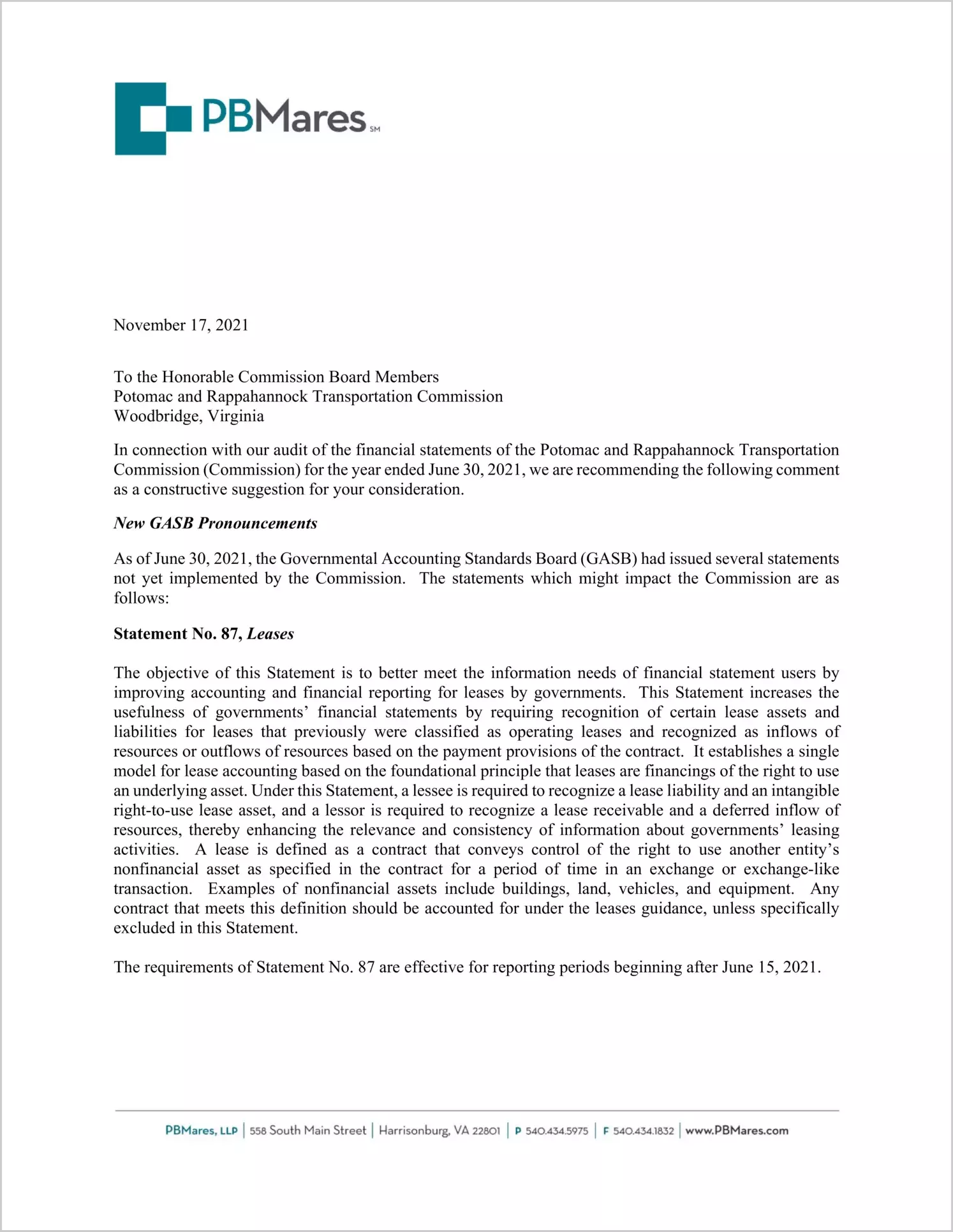 preview of 2021 ABC/Other Management Letter for Potomac and Rappahannock Transportation Commission