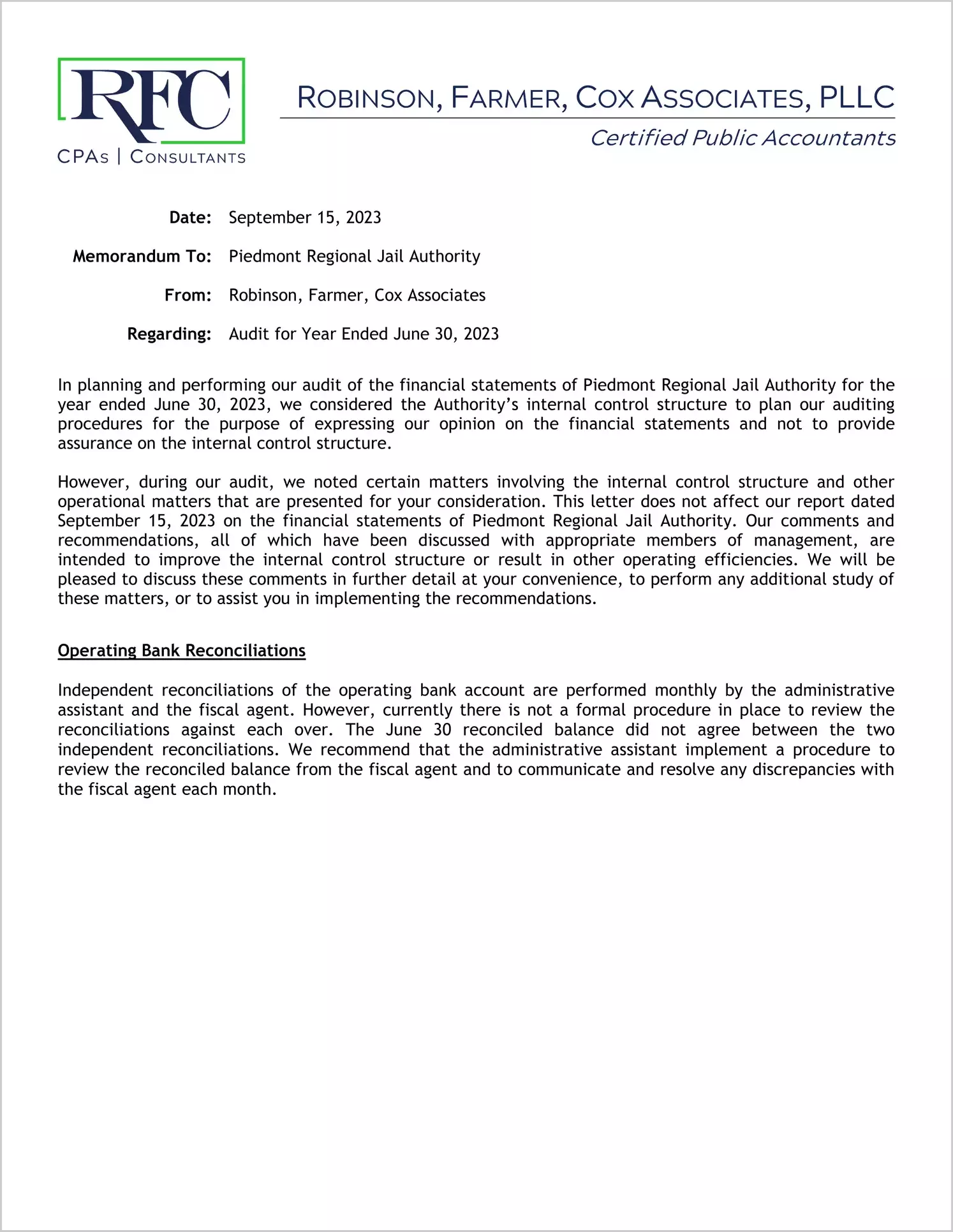 preview of 2023 ABC/Other Management Letter for Piedmont Regional Jail Authority