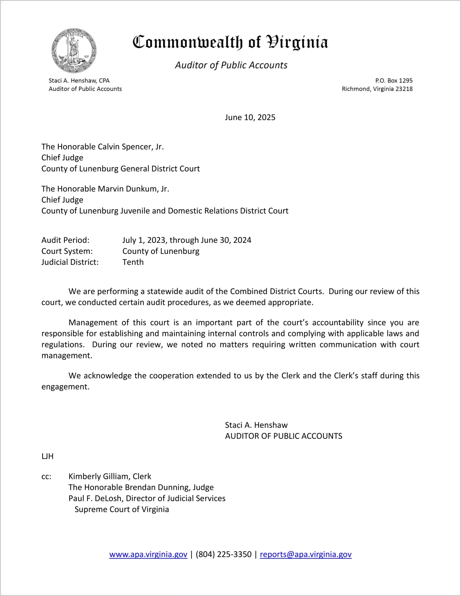 Combined District Court for the County of Lunenburg for the period July 1, 2023 through June 30, 2024