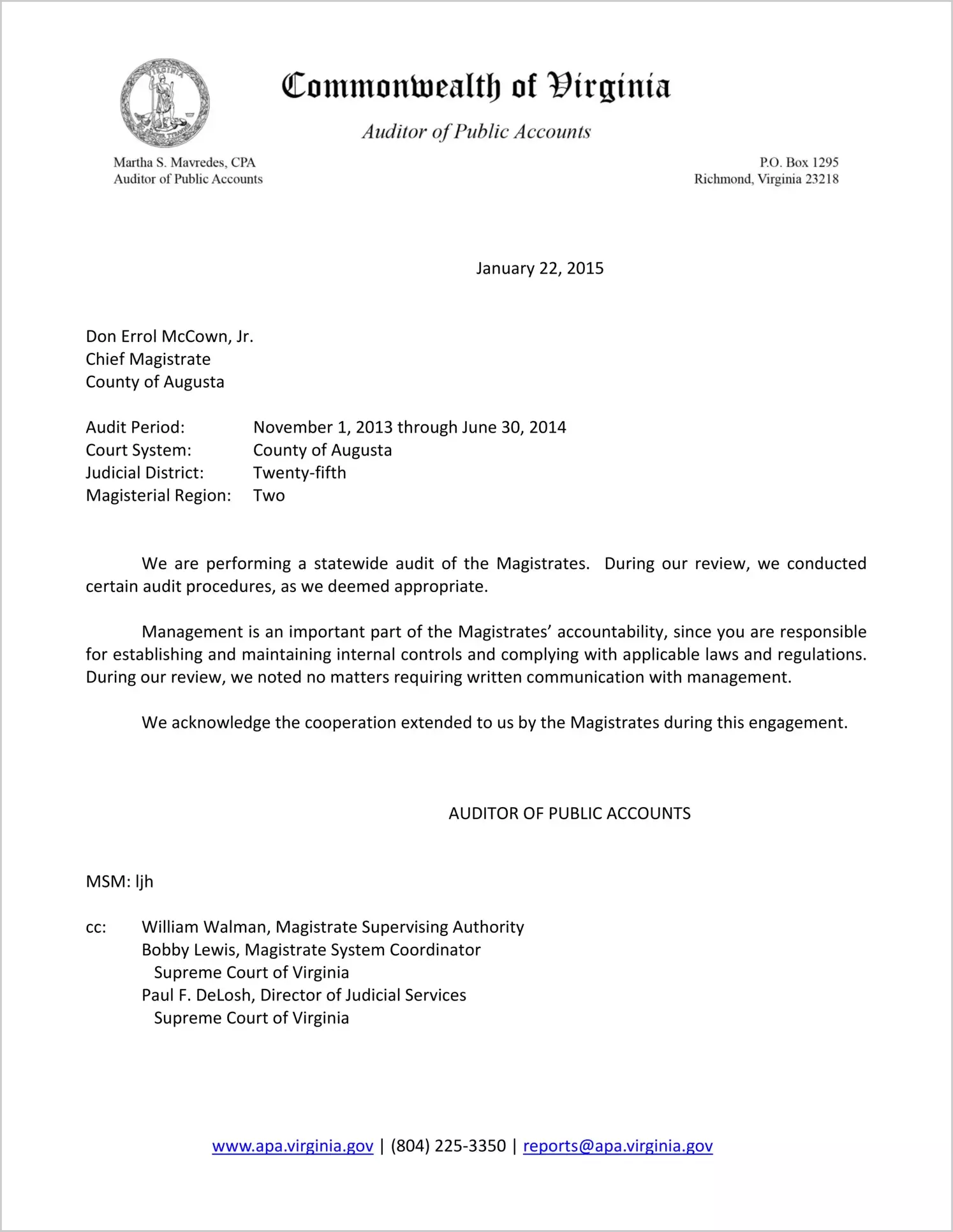Magistrate for the County of Augusta Report on Audit for the period November 1, 2013 through June 30, 2014
