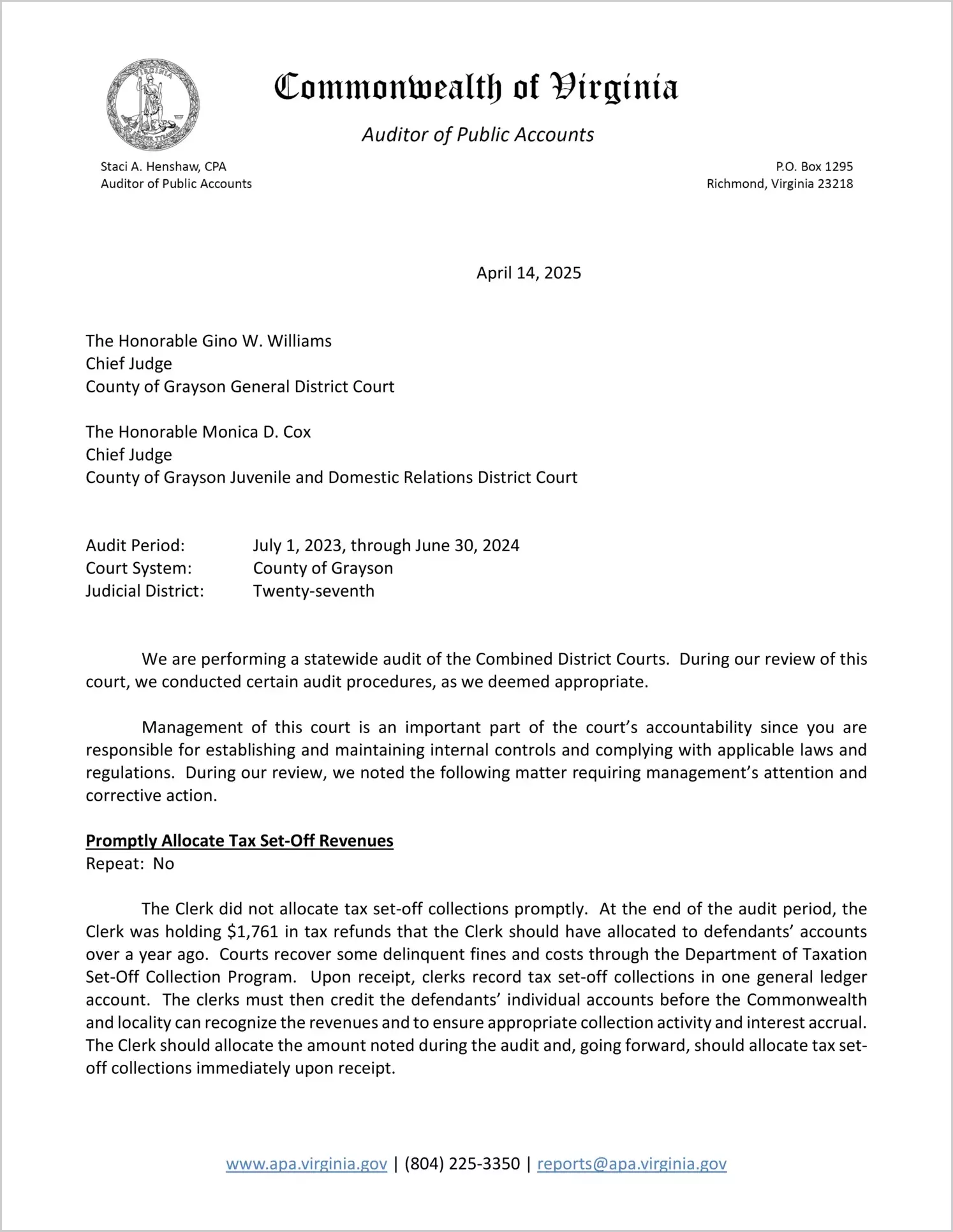 Combined District Court for the County of Grayson for the period July 1, 2023 through June 30, 2024