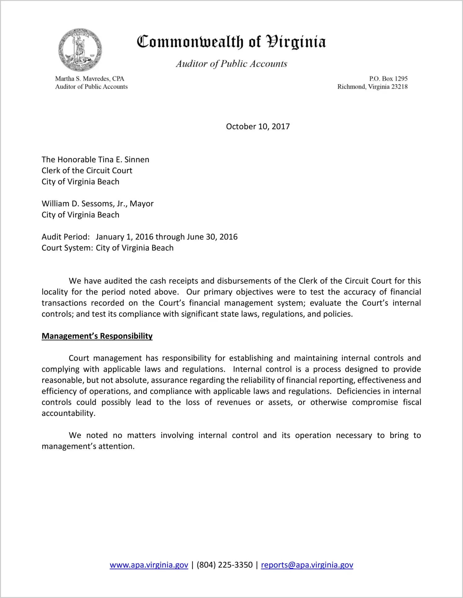 Clerk of the Circuit Court for the City of Virginia Beach for the period January 1, 2016 through June 30, 2016