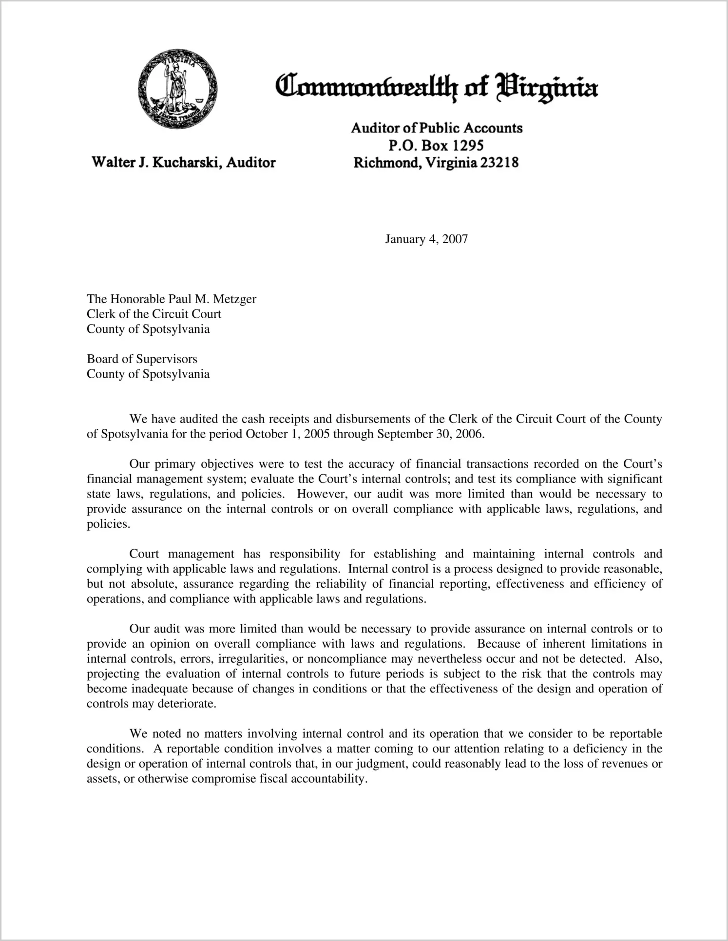 Clerk of the Circuit Court of the County of Spotsylvania for the period October 1, 2005 through September 30, 2006