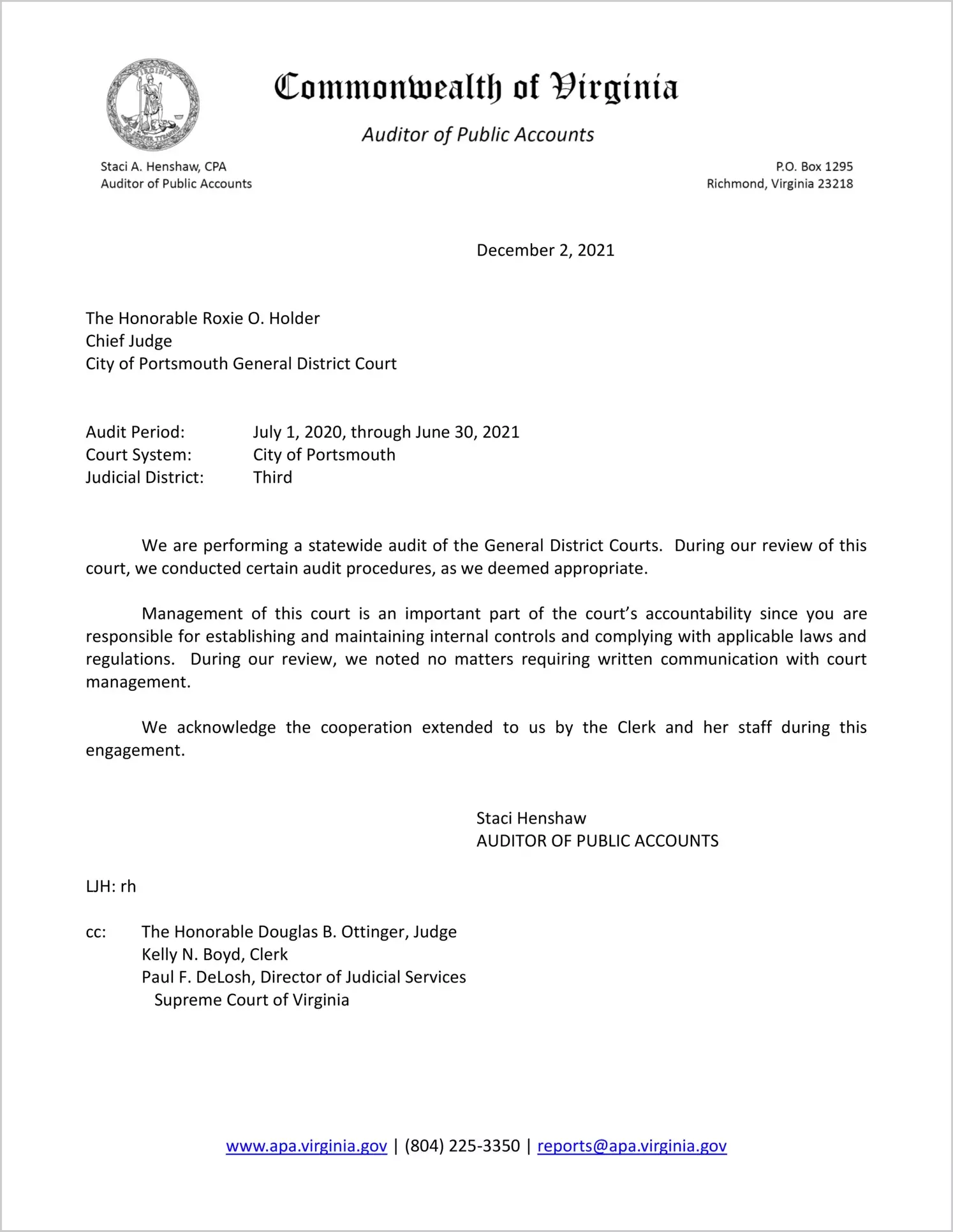 General District Court for the City of Portsmouth for the period July 1, 2020 through June 30, 2021