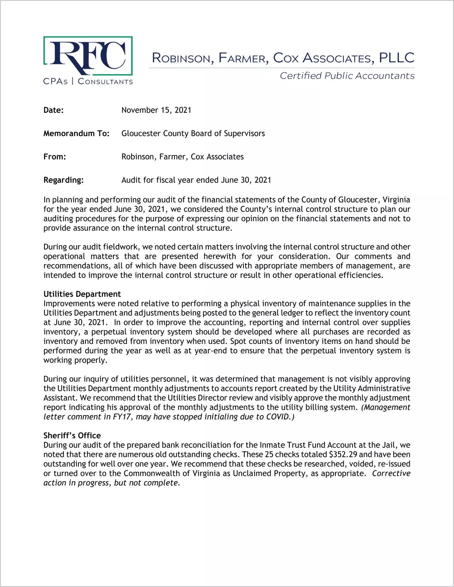 preview of 2021 Management Letter for County of Gloucester