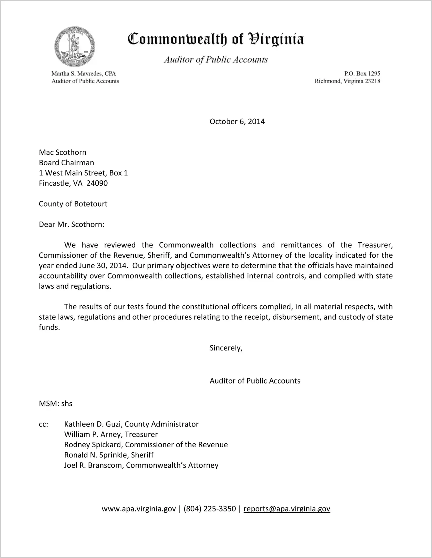 Commonwealth collections and remittances of the Treasurer, Commissioner of the Revenue, and Sheriff of the County of Botetourt for the year ended June 30, 2014