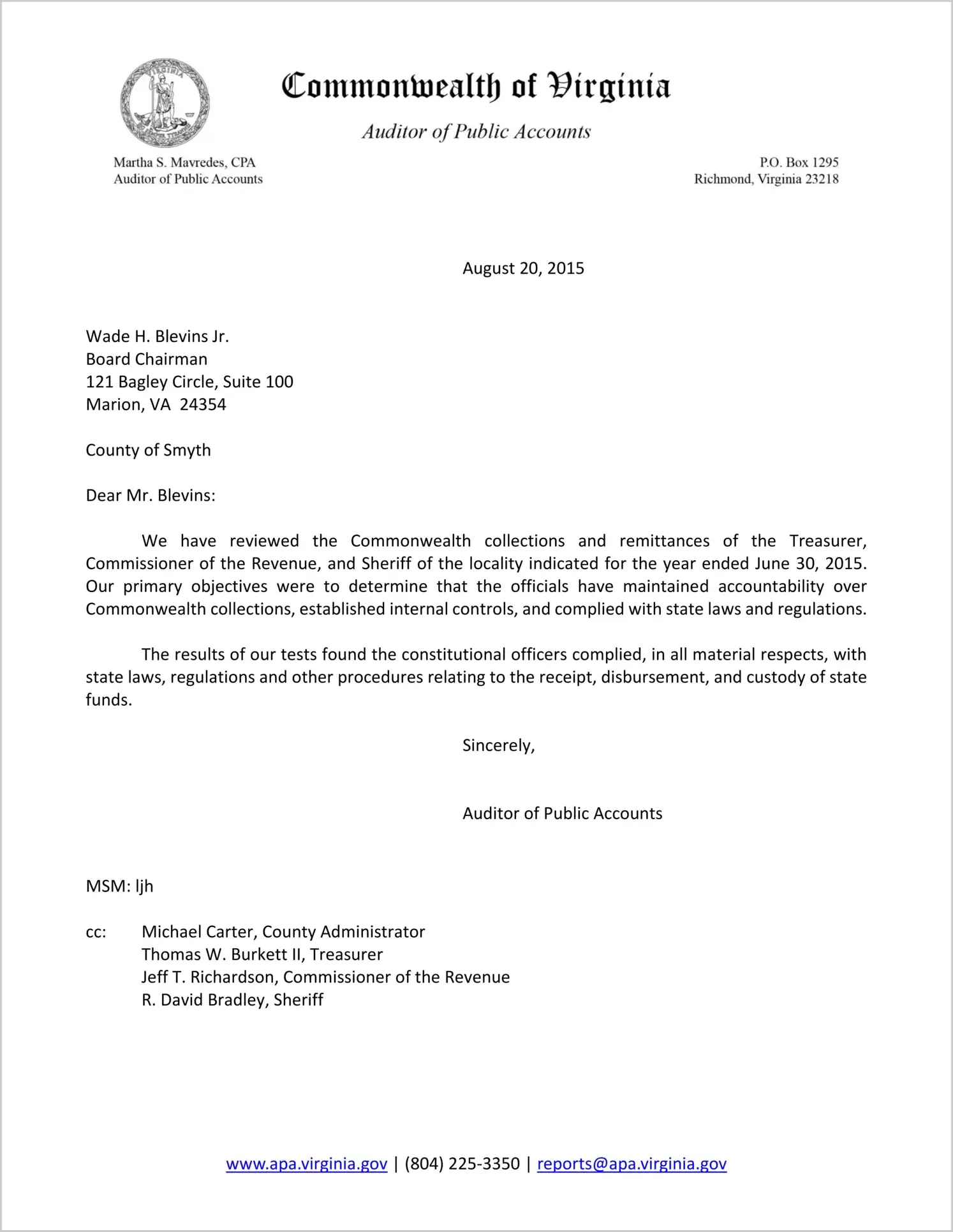 Commonwealth collections and remittances of the Treasurer, Commissioner of the Revenue, and Sheriff of the County of Smyth for the year ended June 30, 2015