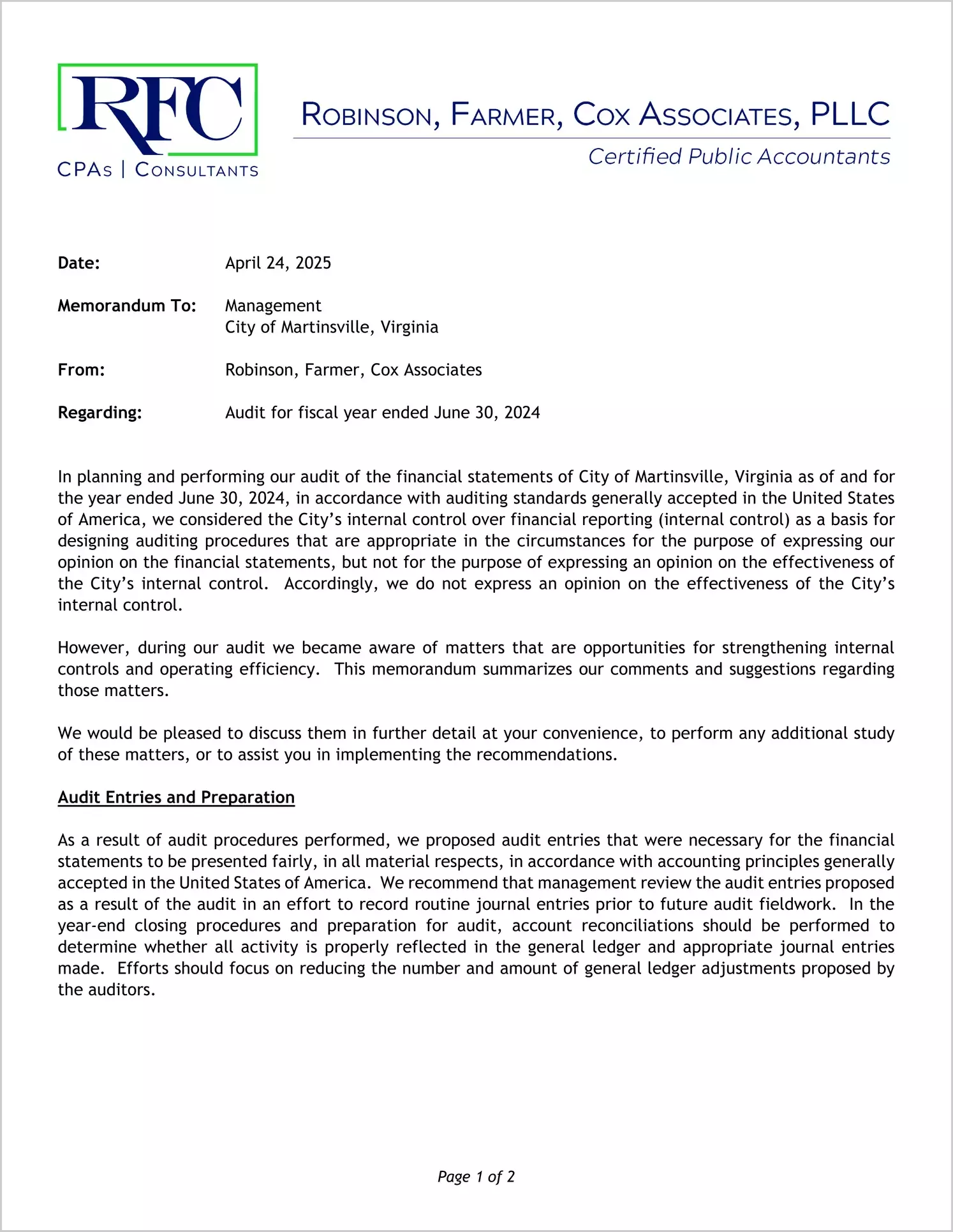 preview of 2024 Management Letter for City of Martinsville