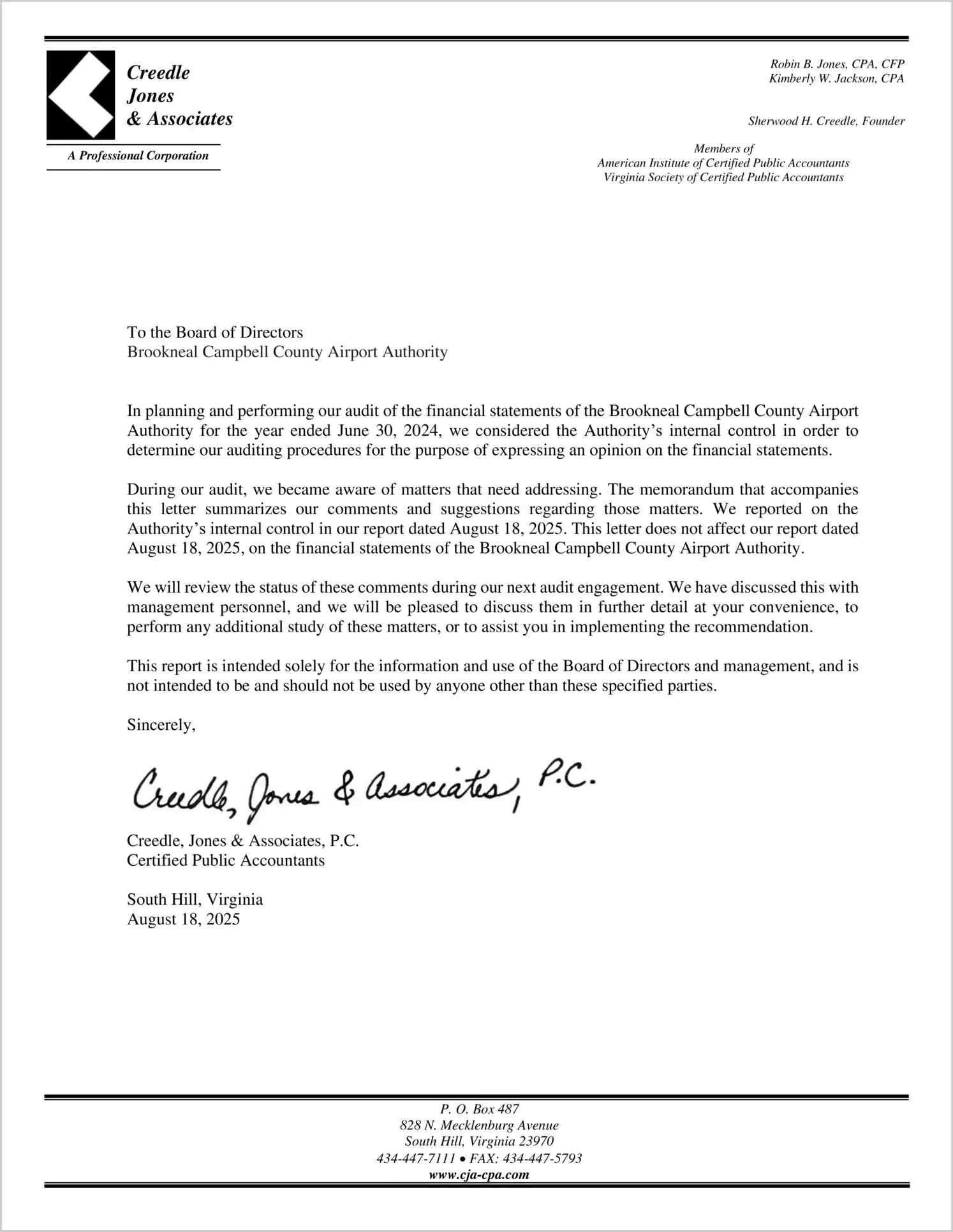 preview of 2024 ABC/Other Management Letter for Brookneal Campbell AIrport Authority