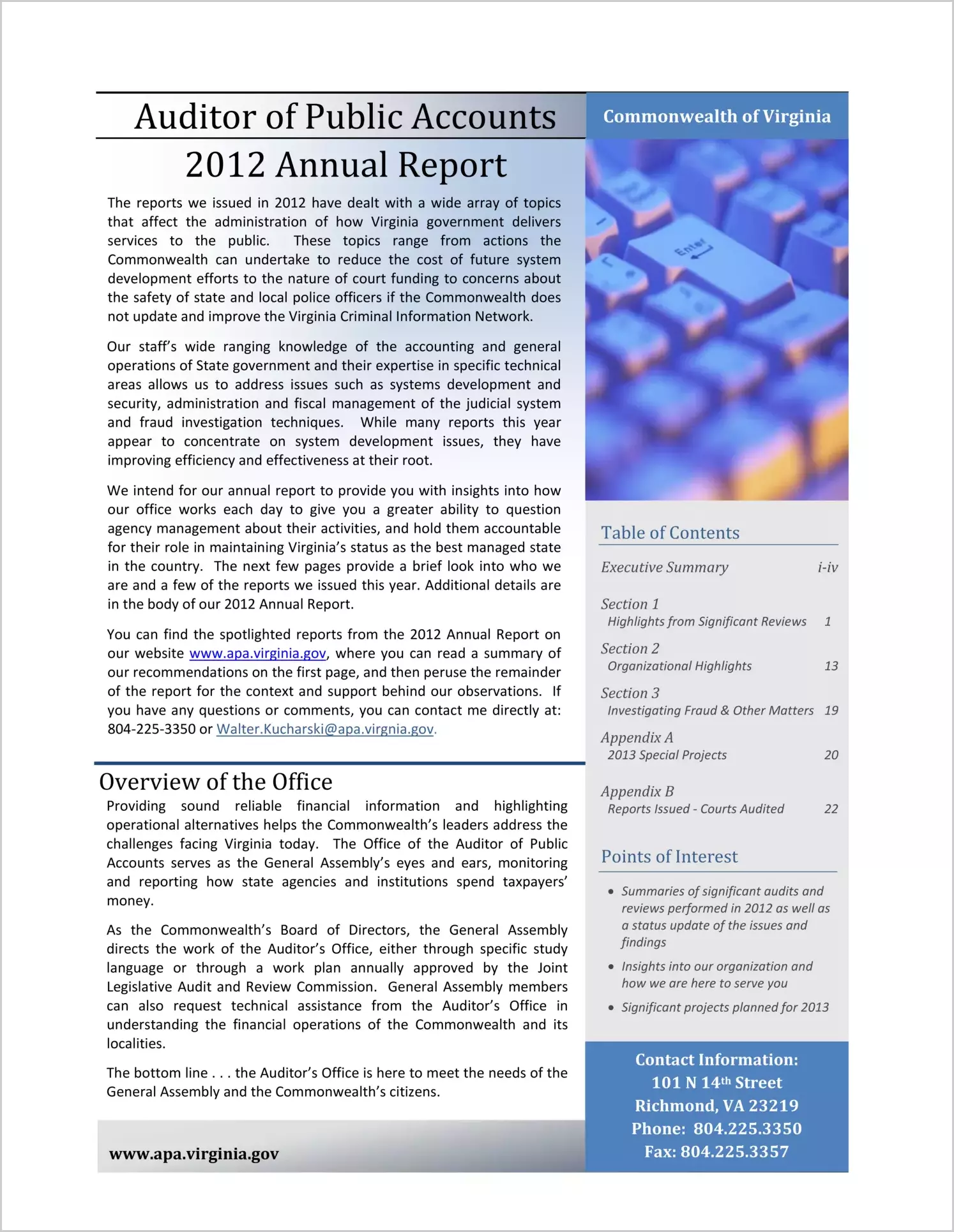 Auditor of Public Accounts Annual Report to the General Assembly for 2012