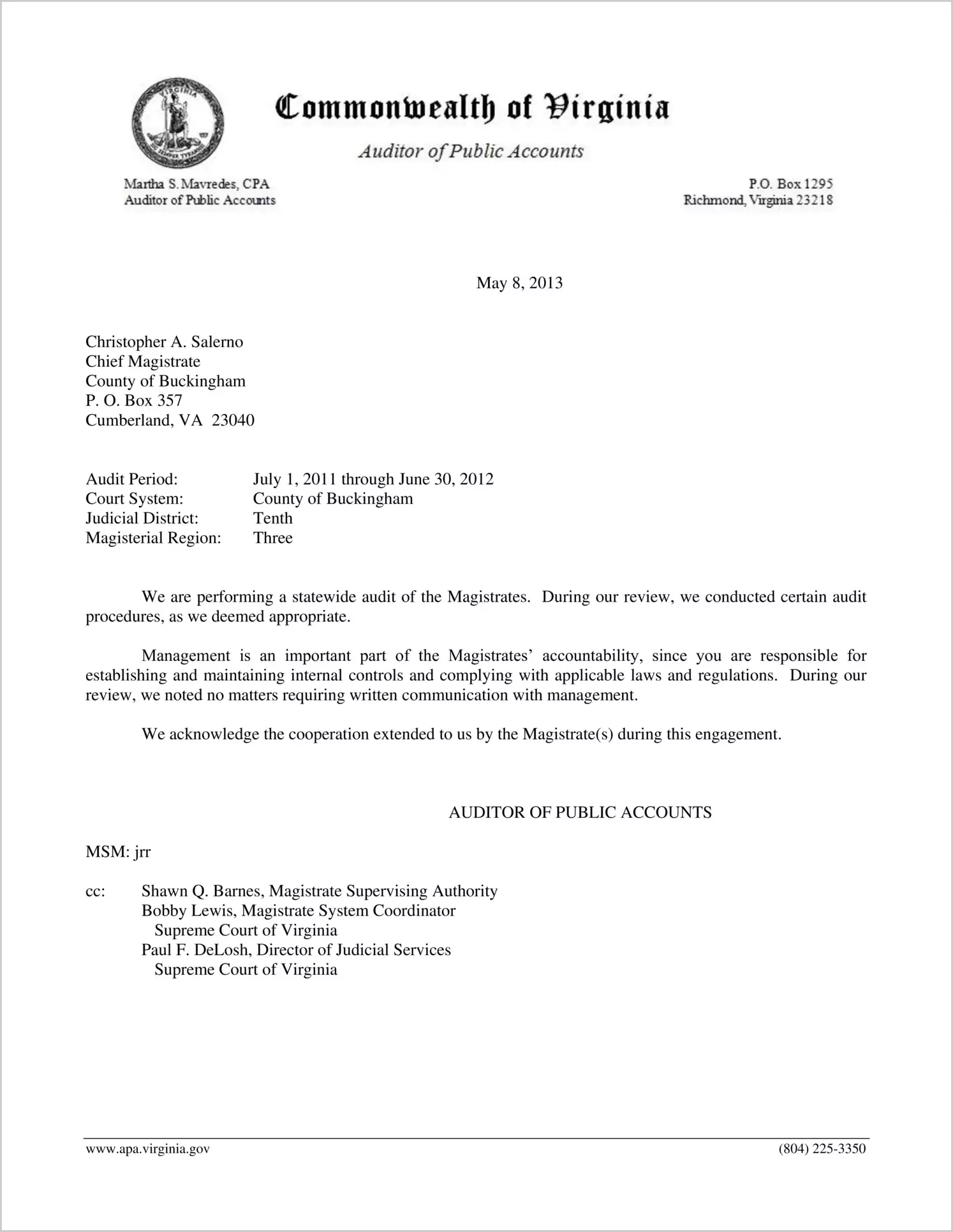 Magistrate for the County of Buckingham Report on Audit for the period July 1, 2011 through June 30, 2012
