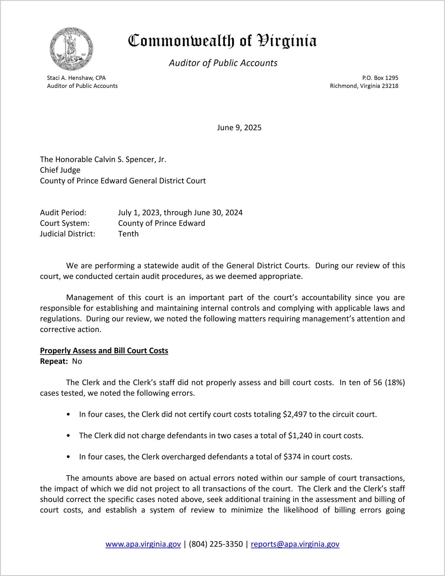 General District Court for the County of Prince Edward for the period July 1, 2023 through June 30, 2024