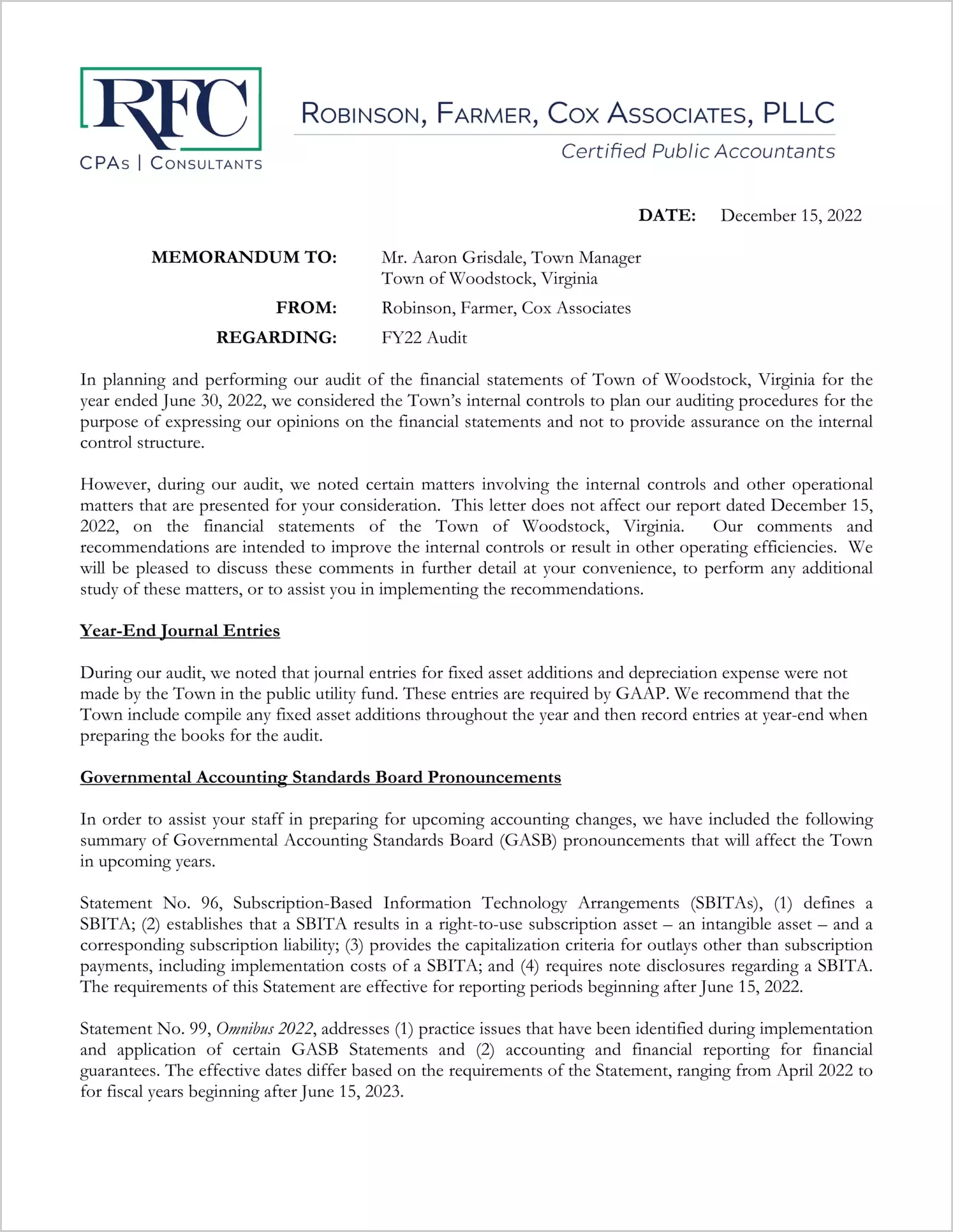 preview of 2022 Management Letter for Town of Woodstock
