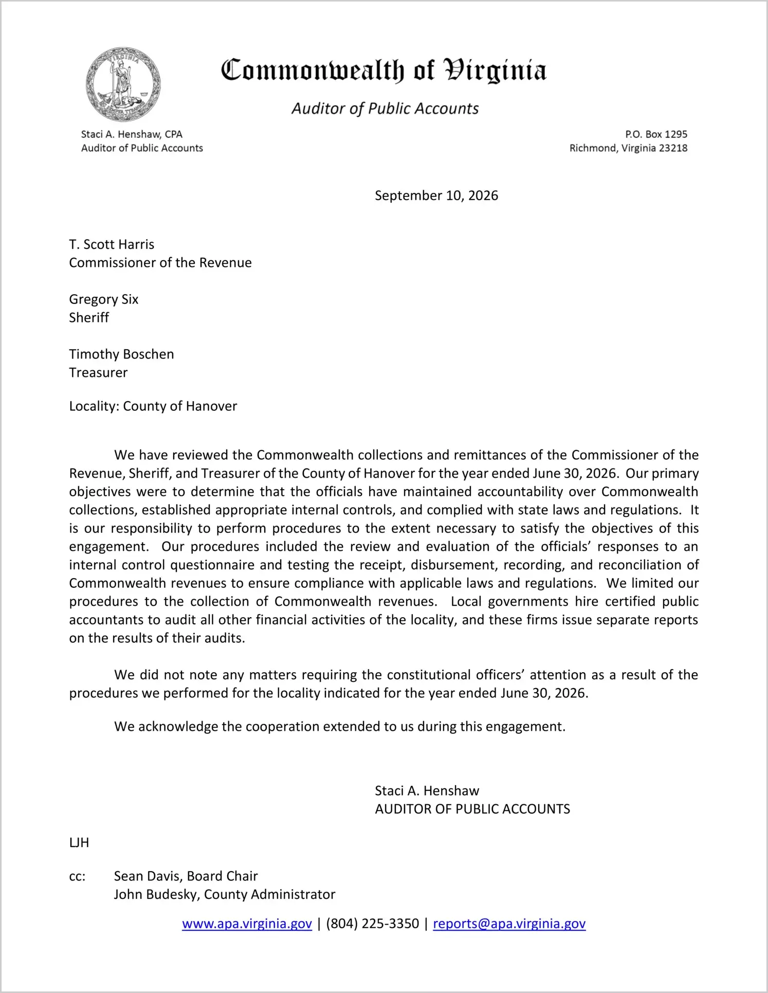 preview of Commonwealth Collections and Remittances of the Commissioner of the Revenue, Sheriff, and Treasurer for the County of Hanover for the year ended June 30, 2026