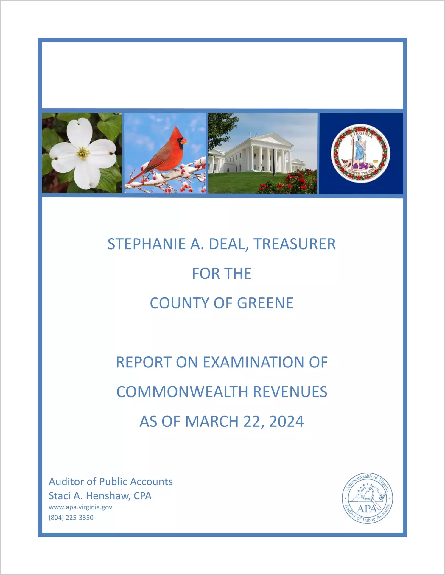 Report on Examination of Commonwealth Revenues (Treasurer Turnover) for the County of Greene as of March 22, 2024