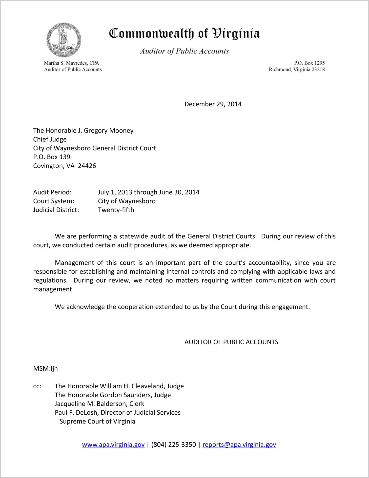 Clerk of the General District Court for the City of Waynesboro Report on Audit for the period July 1, 2013 through June 30, 2014