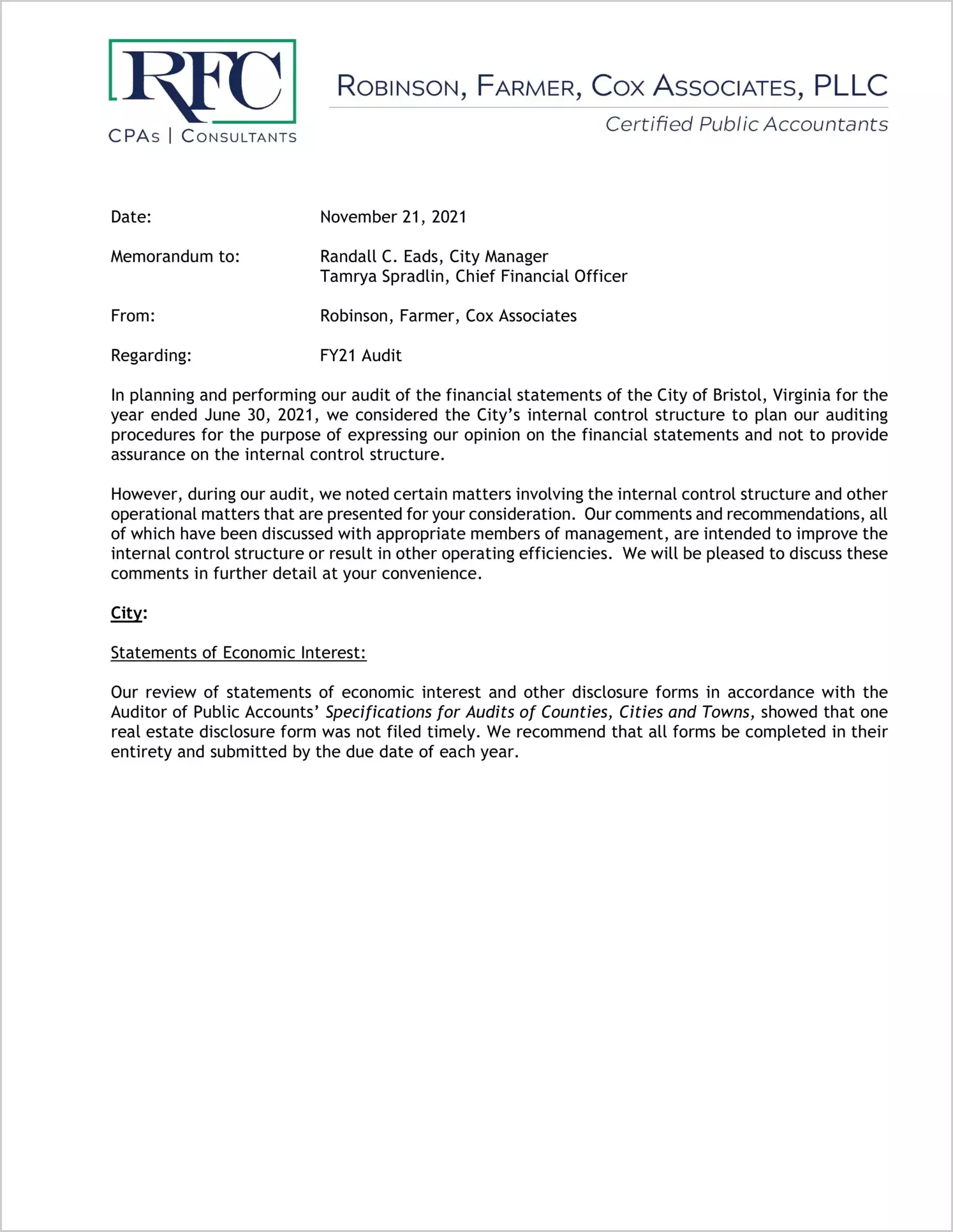 preview of 2021 Management Letter for City of Bristol