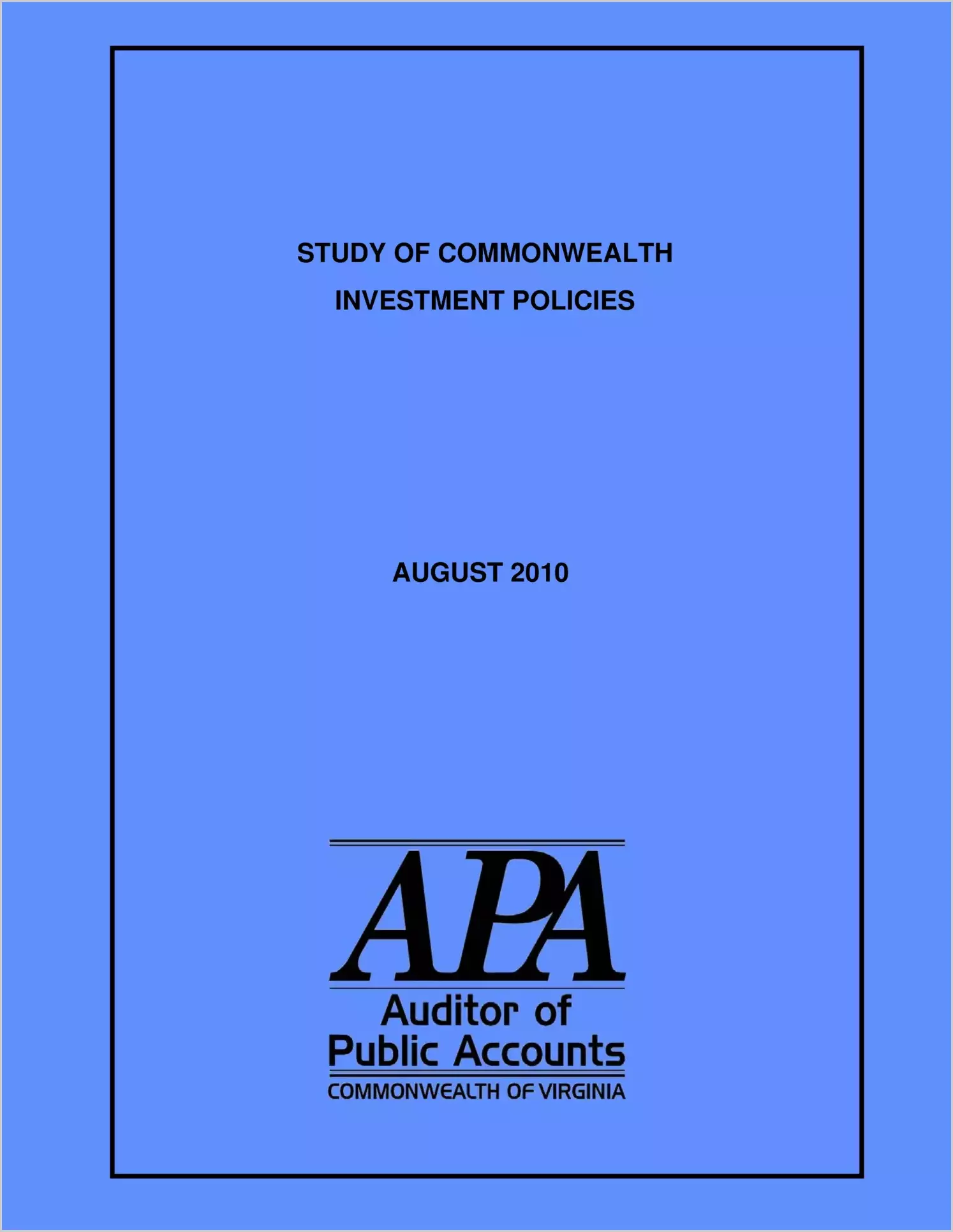 Study of Commonwealth Investment Policies, August 2010