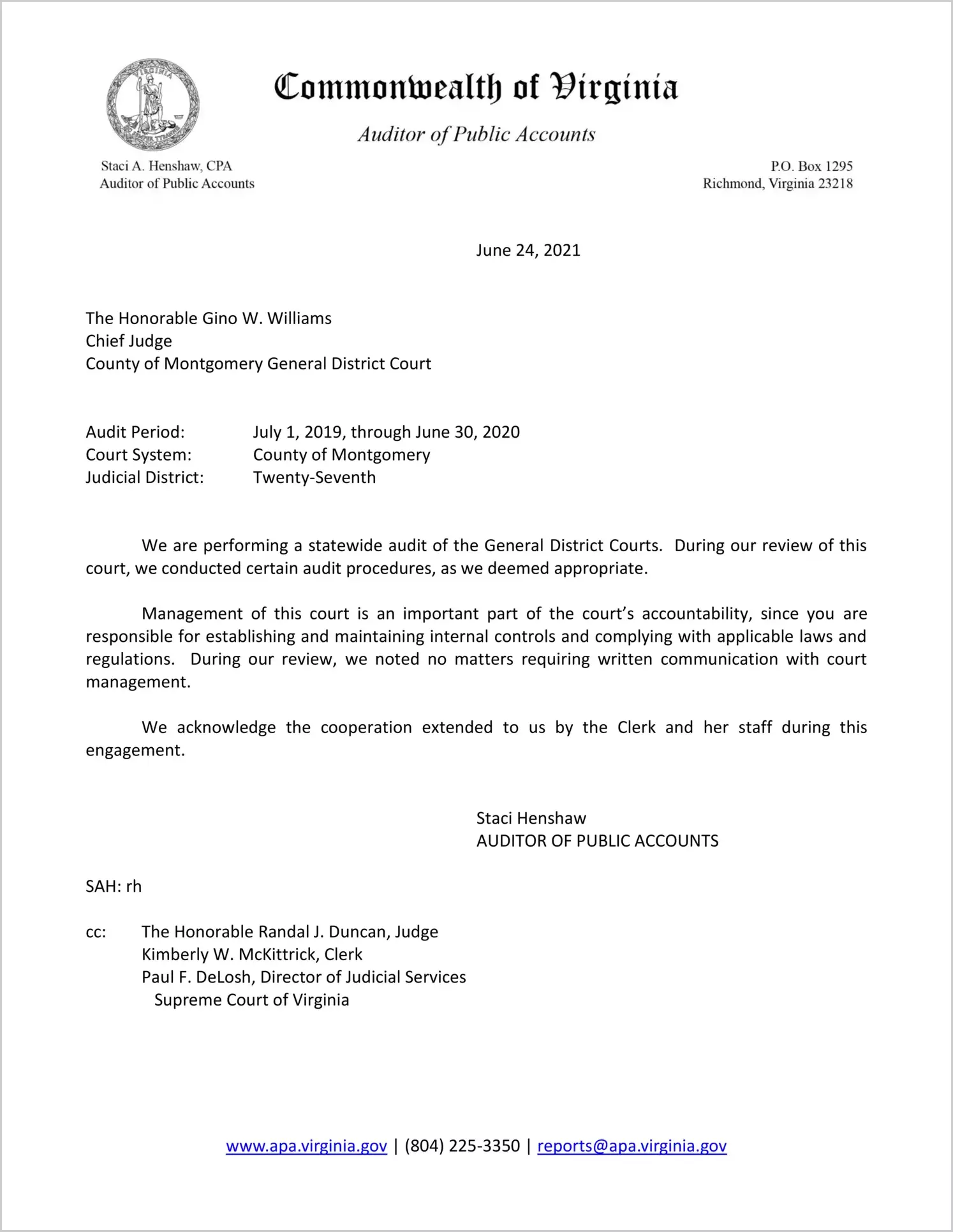 General District Court for the County of Montgomery for the period July 1, 2019 through June 30, 2020