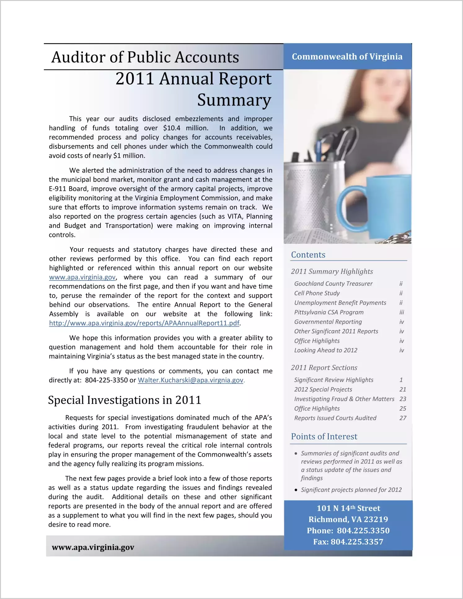 Auditor of Public Accounts Annual Report to the General Assembly for 2011