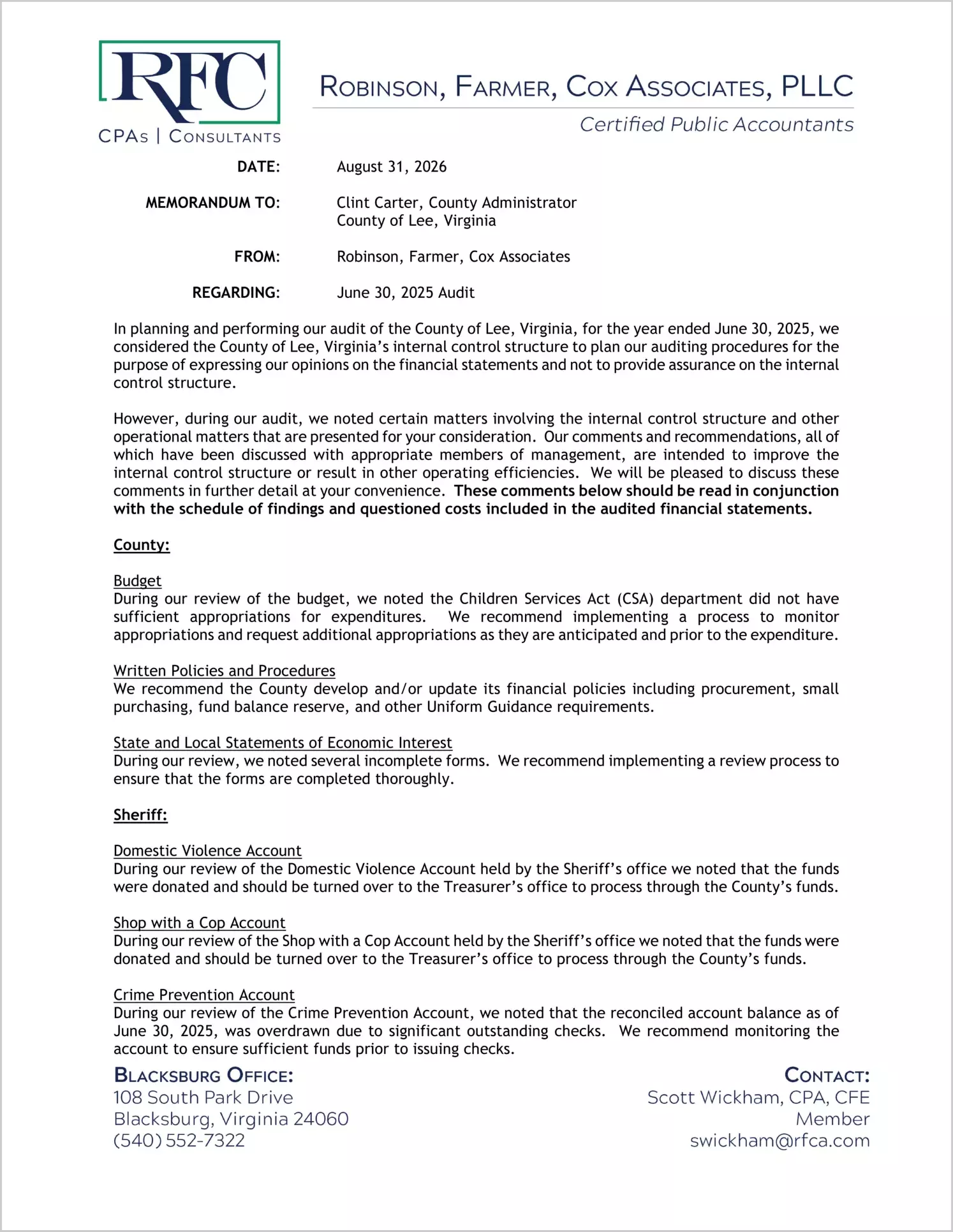 preview of 2025 Management Letter for County of Lee