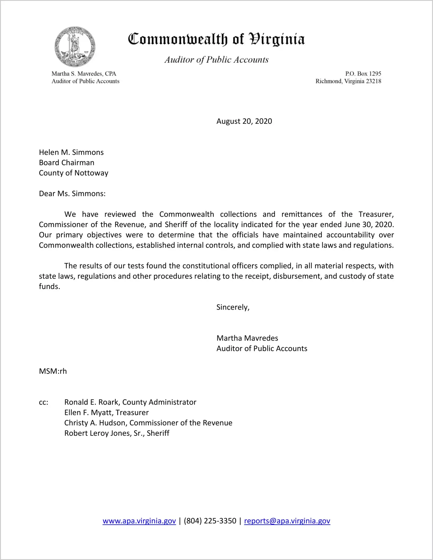 Commonwealth Collections and Remittances of the Treasurer, Commissioner of Revenue, and Sheriff for the County of Nottoway for the year ended June 30, 2020