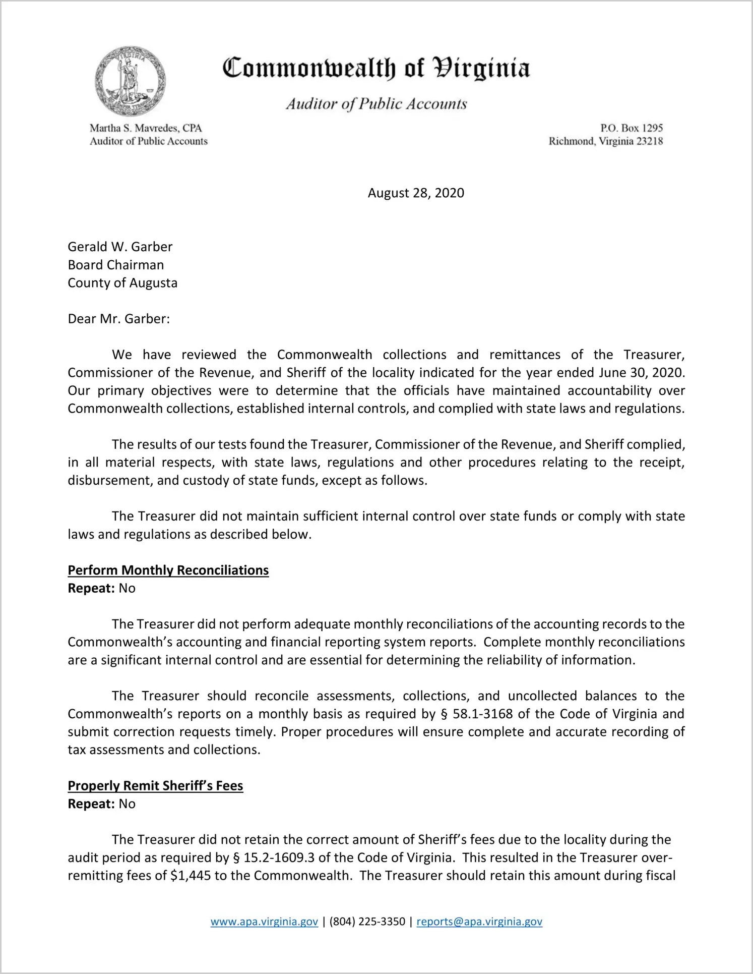 Commonwealth collections and remittances of the Treasurer, Commissioner of the Revenue, and Sheriff for the County of Augusta for the year ended June 30, 2020