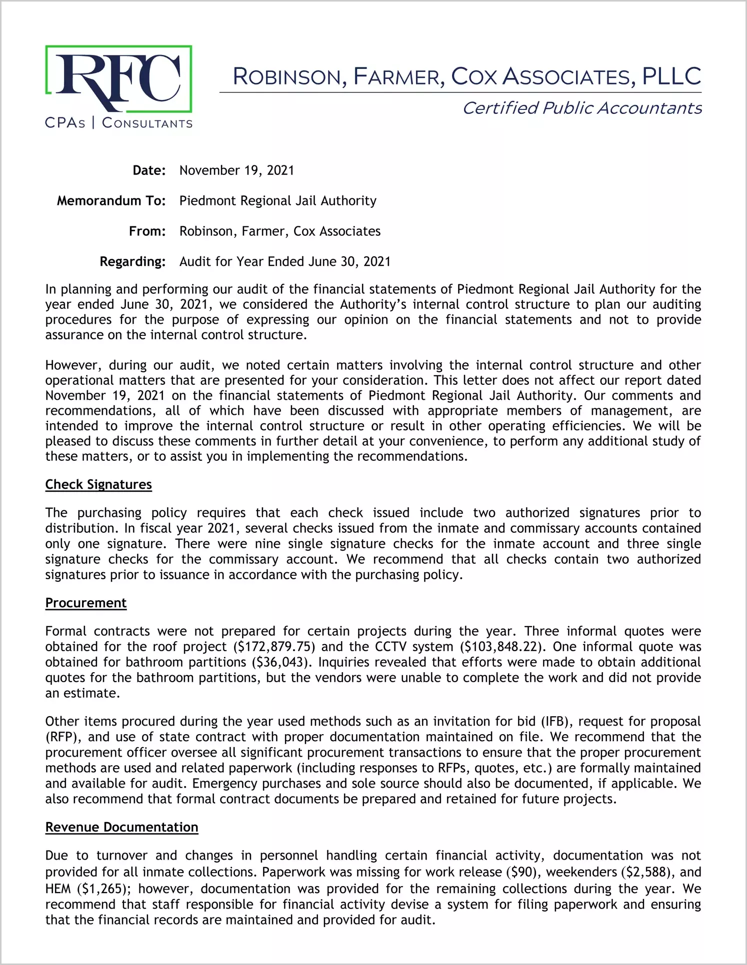 preview of 2021 ABC/Other Management Letter for Piedmont Regional Jail Authority