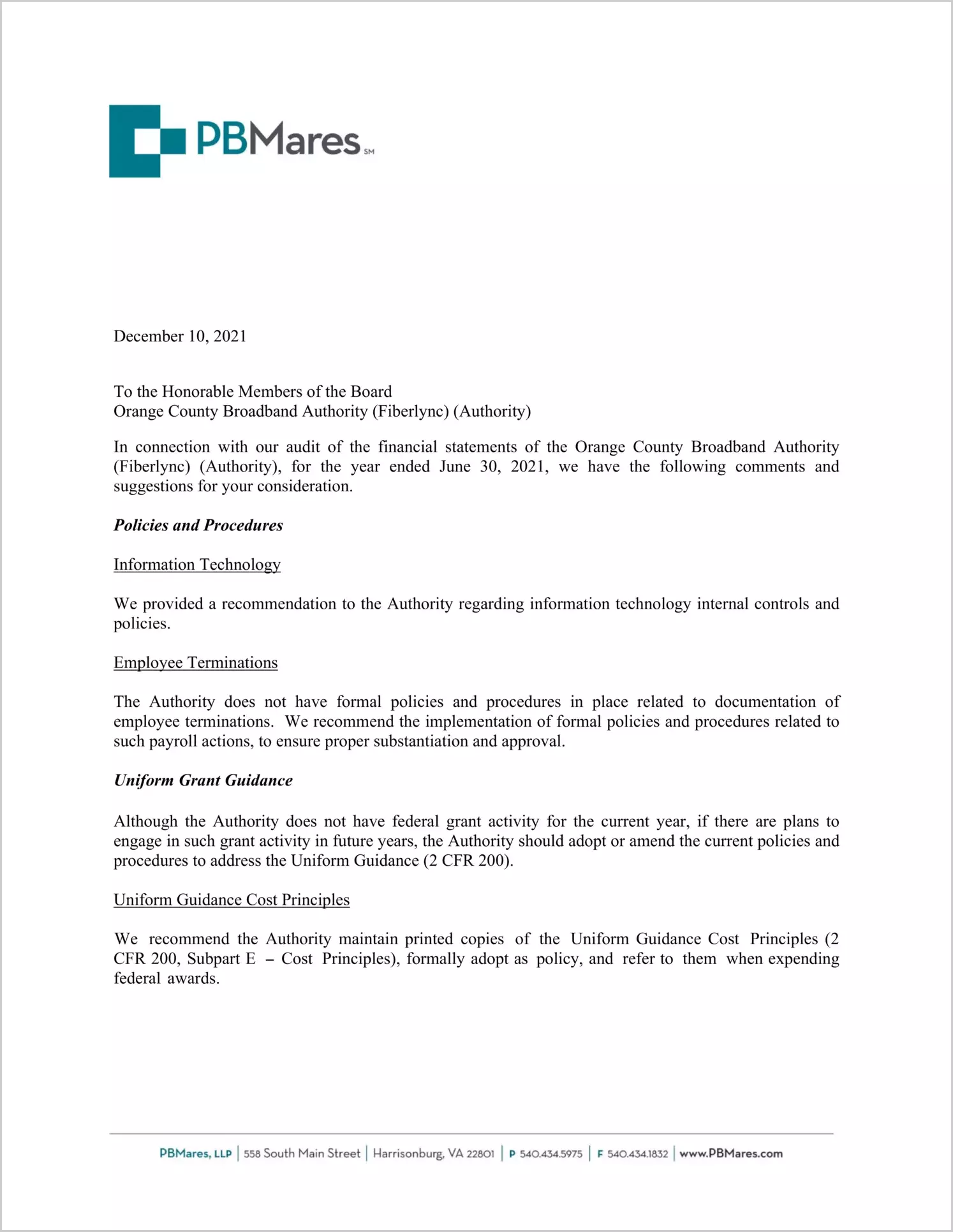 preview of 2021 ABC/Other Management Letter for Orange County Broadband Authority