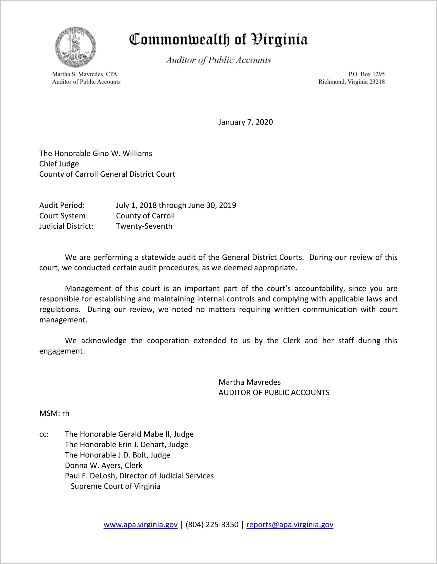 General District Court for the County of Carroll for the period July 1, 2018 through June 30, 2019
