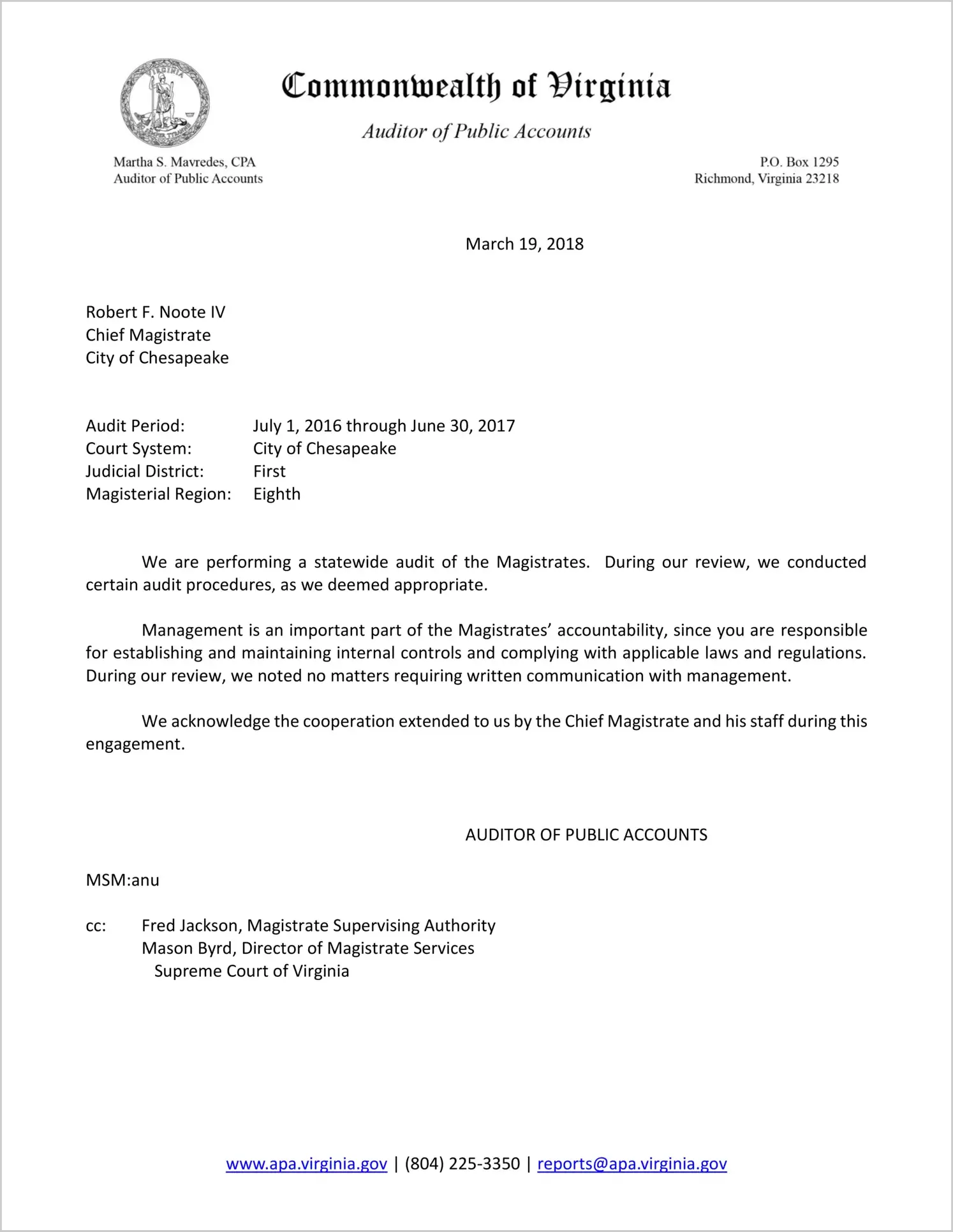 Magistrate Judicial District 1 for the City of Chesapeake for the period July 1, 2016 through June 30, 2017