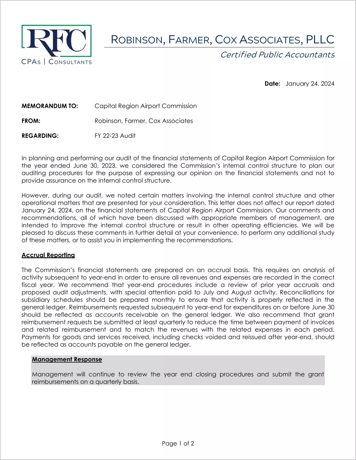 preview of 2023 ABC/Other Management Letter for Capital Region Airport Commission