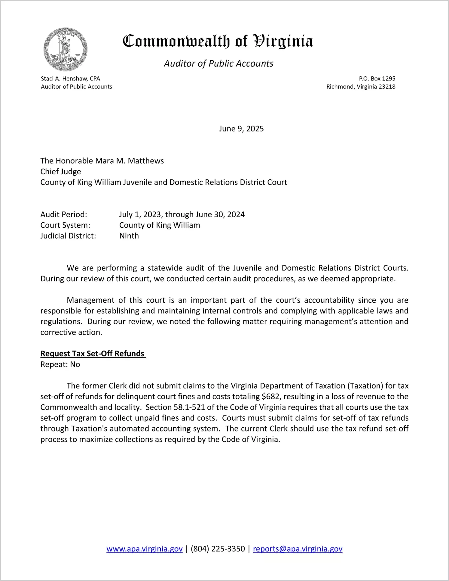 Juvenile and Domestic Relations District Court for the County of King William for the period July 1, 2023 through June 30, 2024