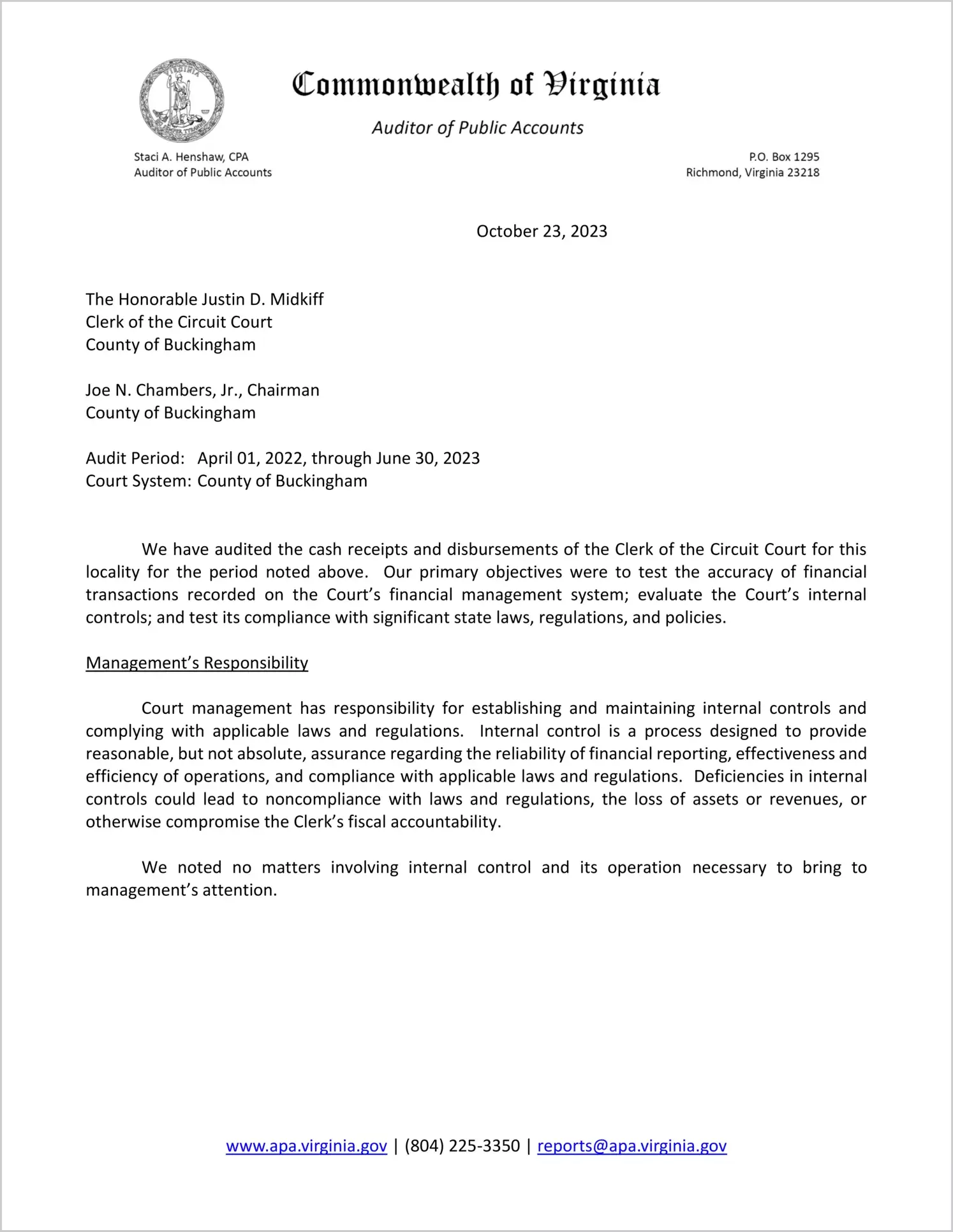 Clerk of the Circuit Court for the County of Buckingham for the period April 1, 2022 through June 30, 2023
