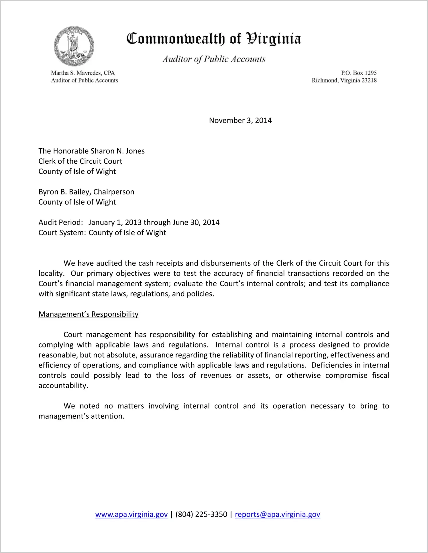 Clerk of the Circuit Court for the County of Isle of Wight Report on Audit for the period January 1, 2013 through June 30, 2014