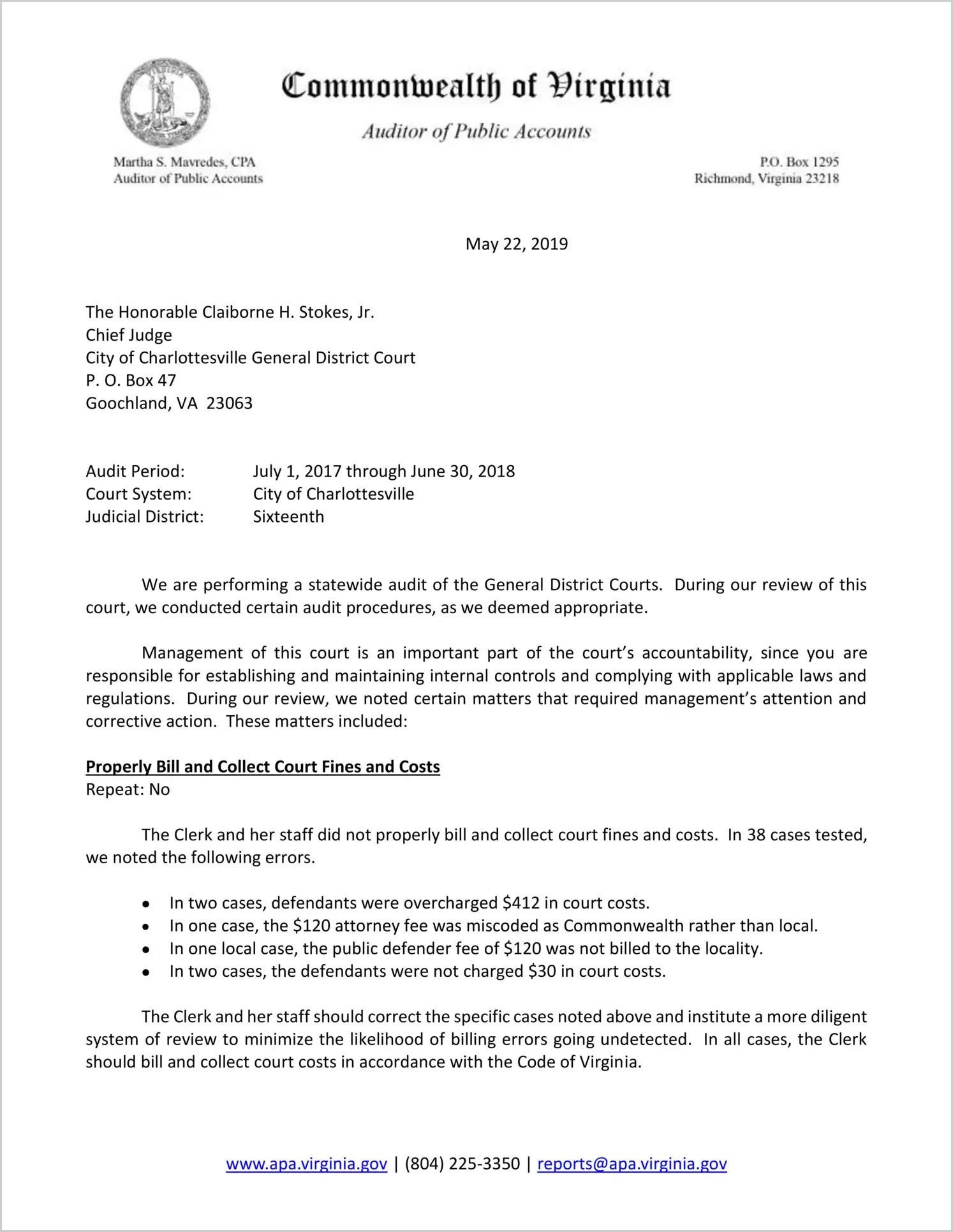 General District Court for the City of Charlottesville for the period July 1, 2017 through June 30, 2018