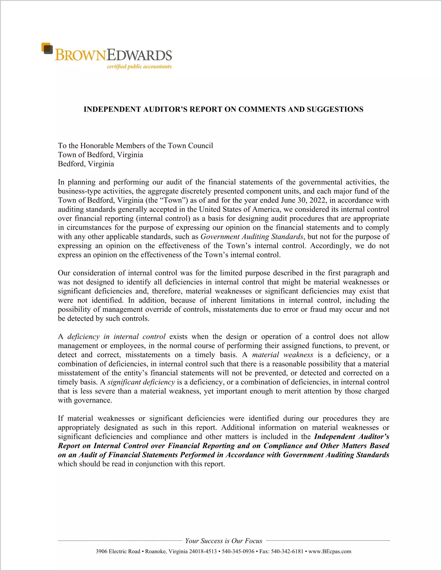 preview of 2022 Management Letter for Town of Bedford