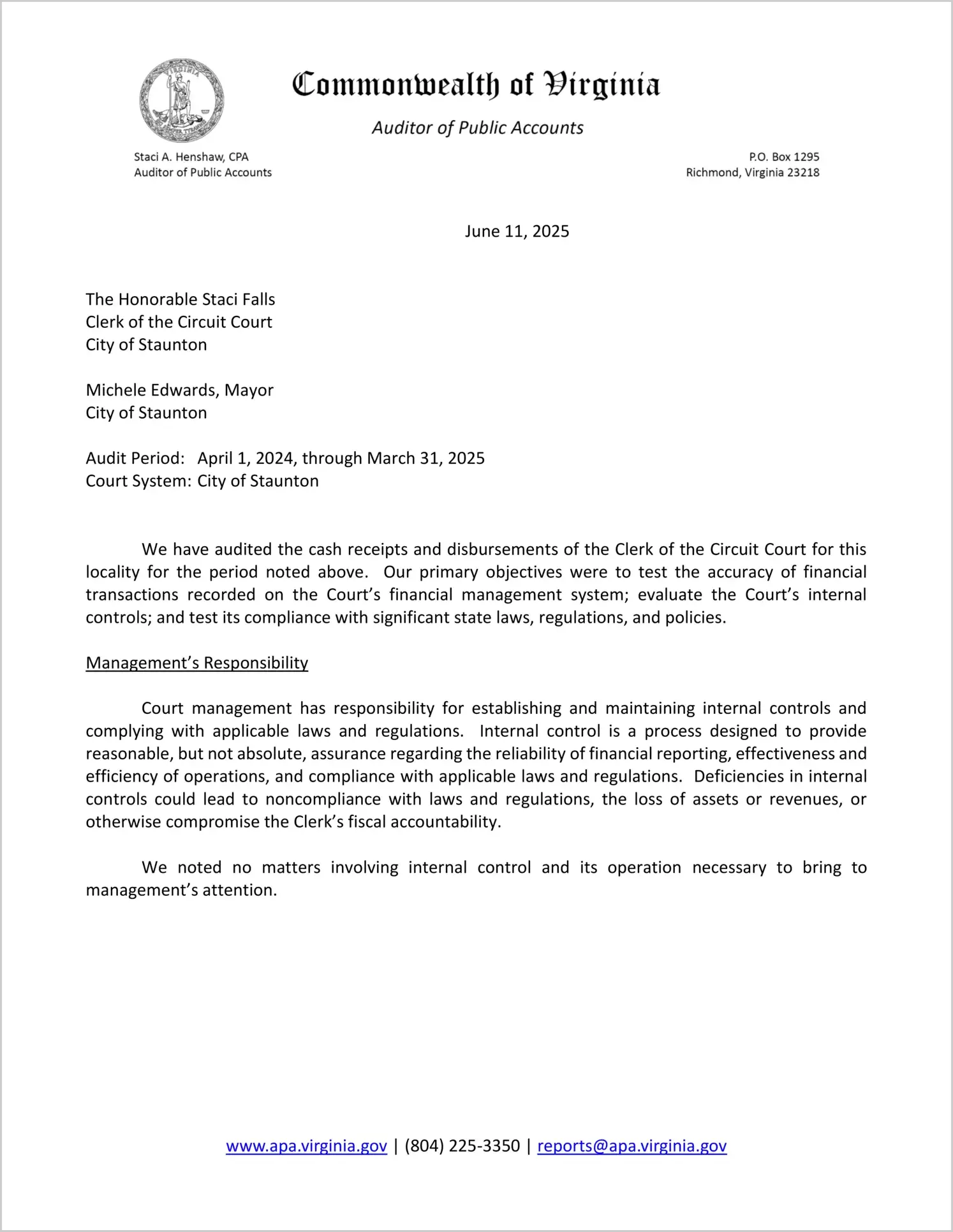 Clerk of the Circuit Court for the City of Staunton for the period April 1, 2024 through March 31, 2025