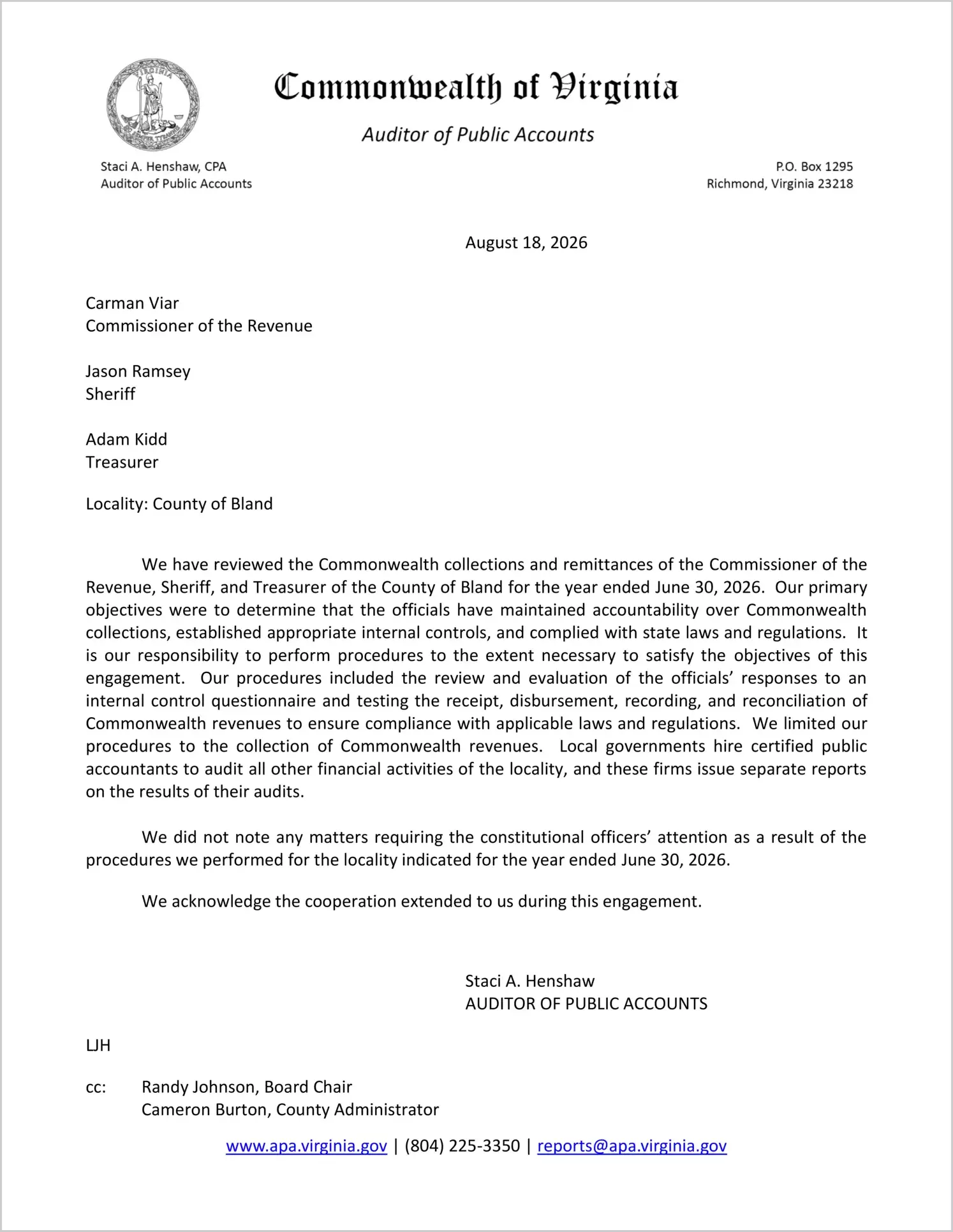 preview of Commonwealth Collections and Remittances of the Commissioner of the Revenue, Sheriff, and Treasurer for the County of Bland for the year ended June 30, 2026