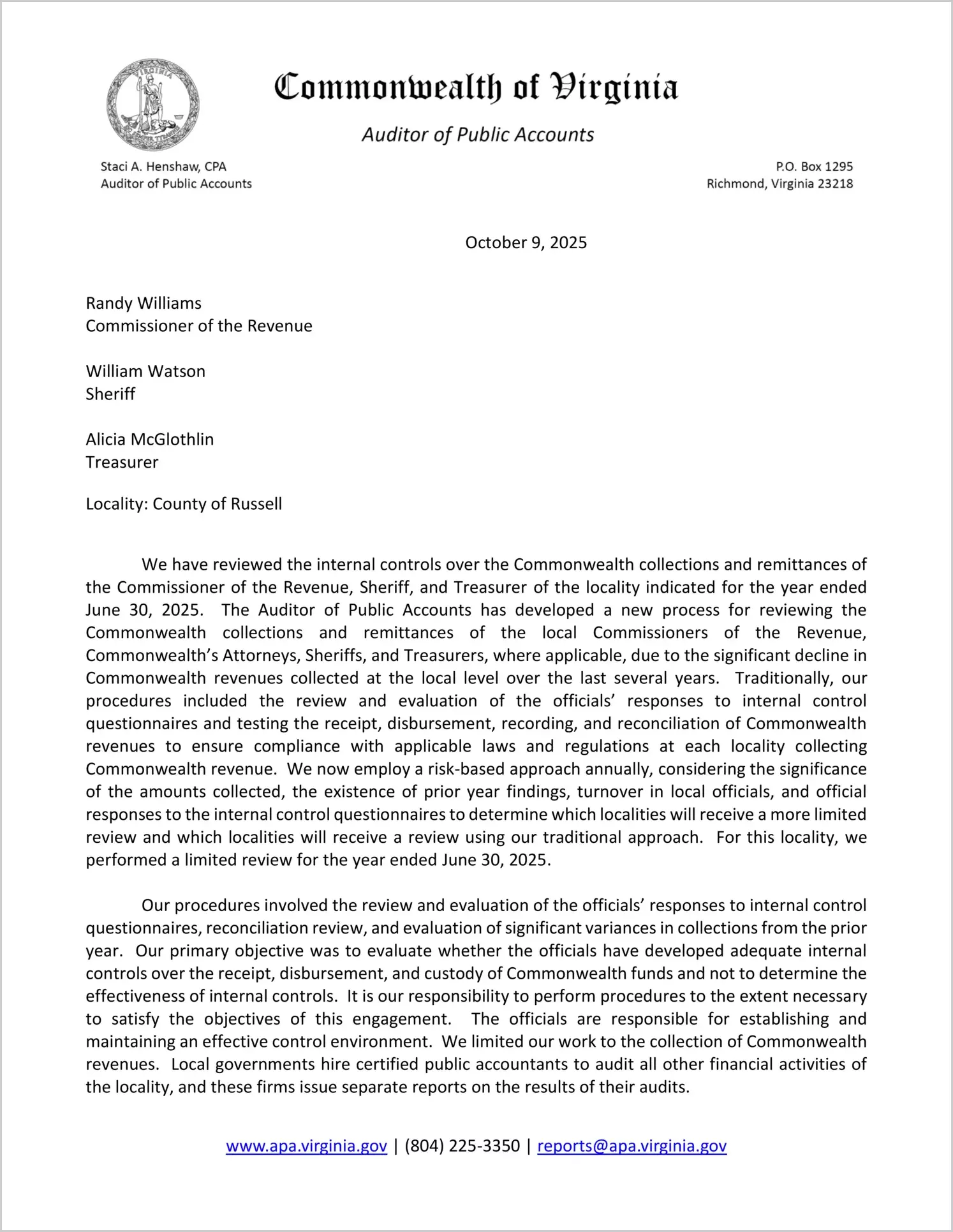 Commonwealth Collections and Remittances of the Commissioner of the Revenue, Sheriff, and Treasurer for the County of Russell for the year ended June 30, 2025