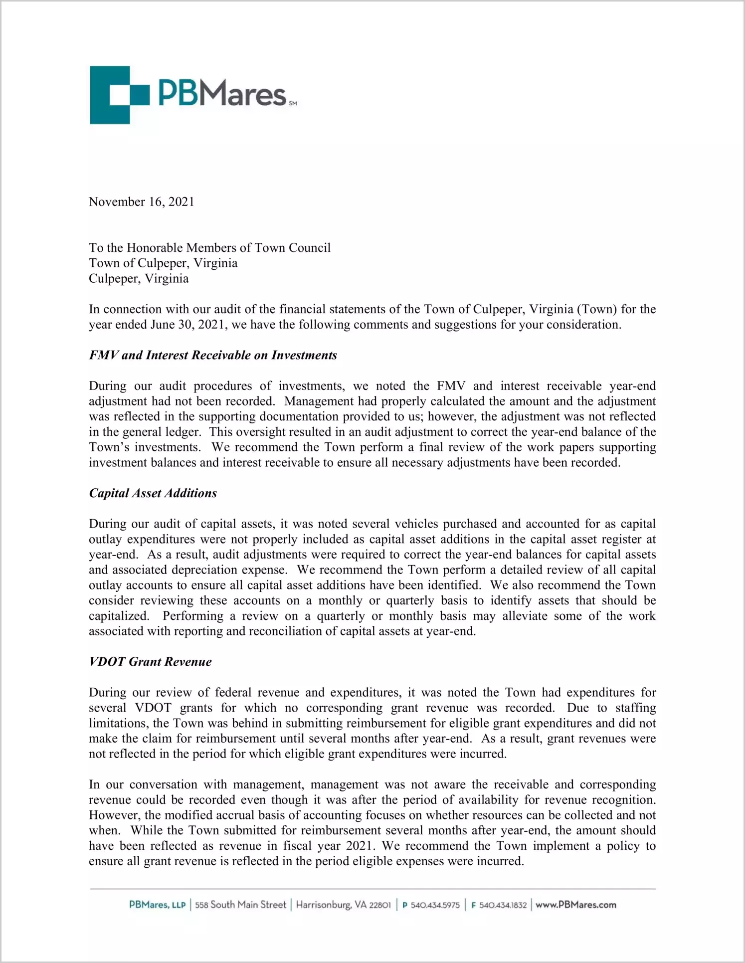 preview of 2021 Management Letter for Town of Culpeper