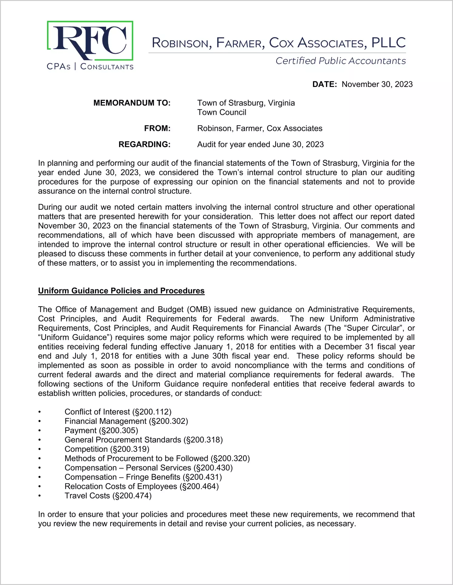 preview of 2023 Management Letter for Town of Strasburg